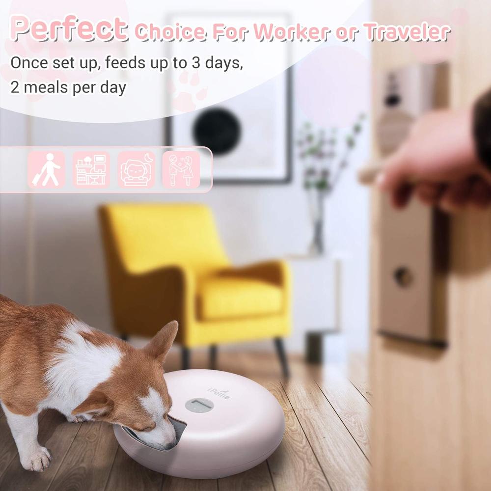 iPettie Donuts 6-Meal Automatic Wet and Dry Food Pet Feeder with Programmable Timer, Auto Dispenser, Batteries&USB Power Supply