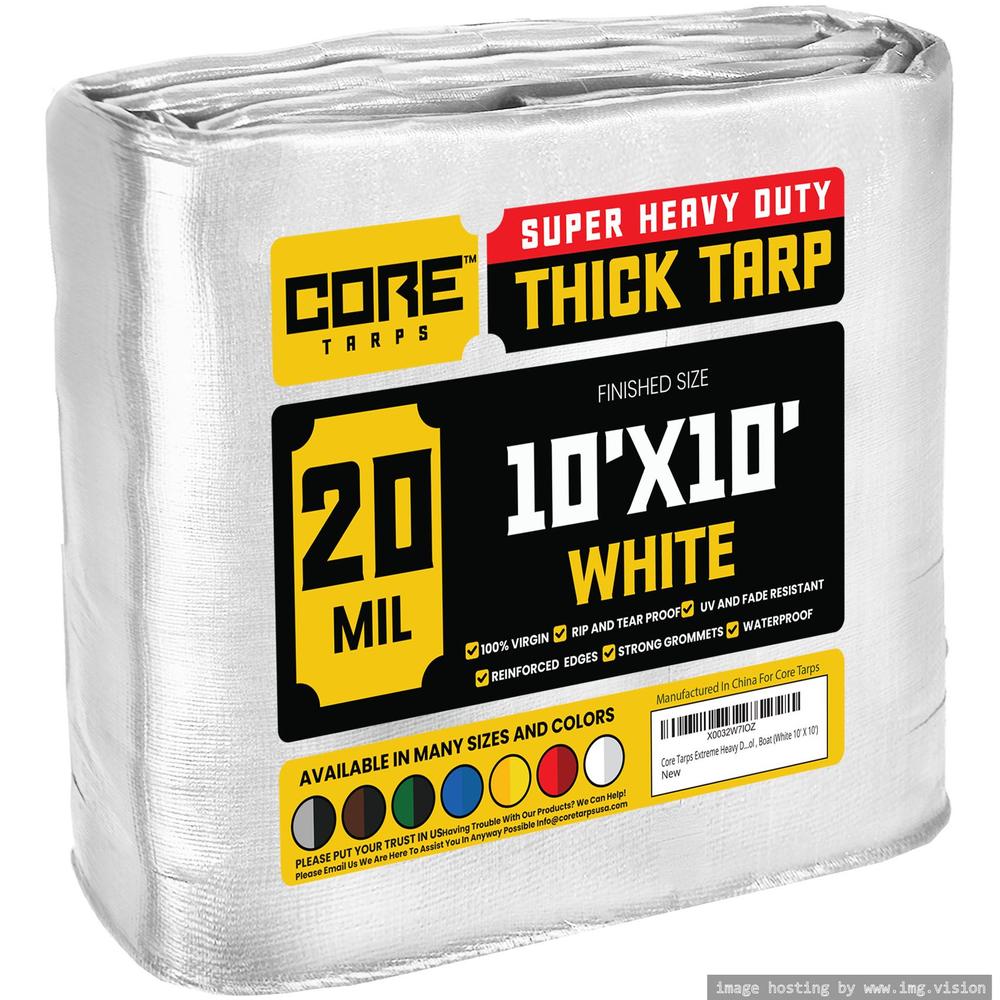 Core Tarps Extreme Heavy Duty 20 Mil Tarp Cover 10′ X 10′ White UV Resistant, Rip and Tear Proof.