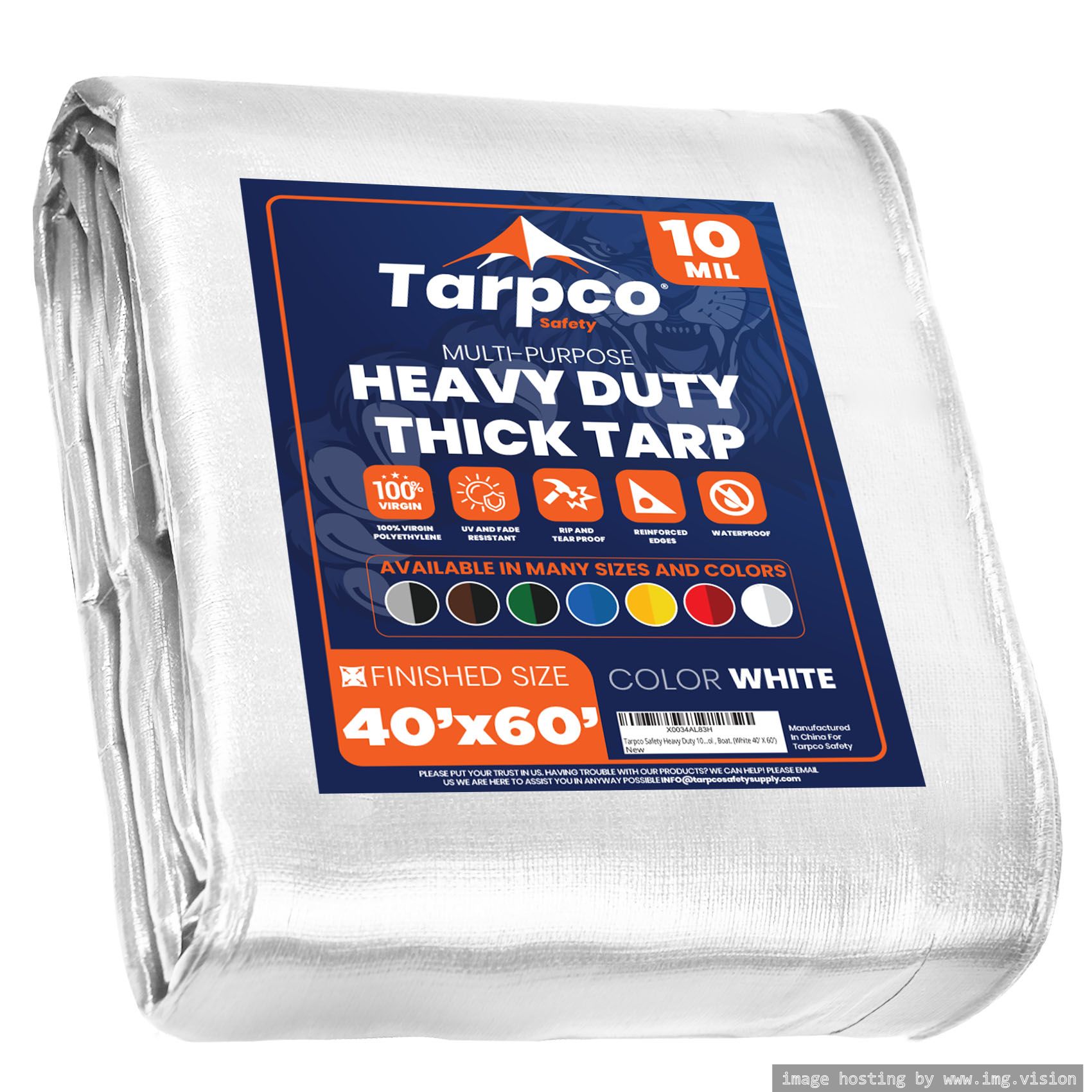 Tarpco Safety Heavy Duty 10 Mil Tarp Cover 40′ X 60′ White UV Resistant, Rip and Tear Proof.