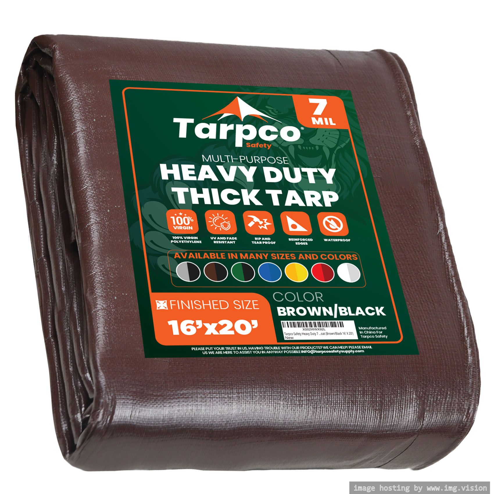 Tarpco Safety Heavy Duty 7 Mil Tarp Cover 16′ X 20′ Brown/Black UV Resistant, Rip and Tear Proof.