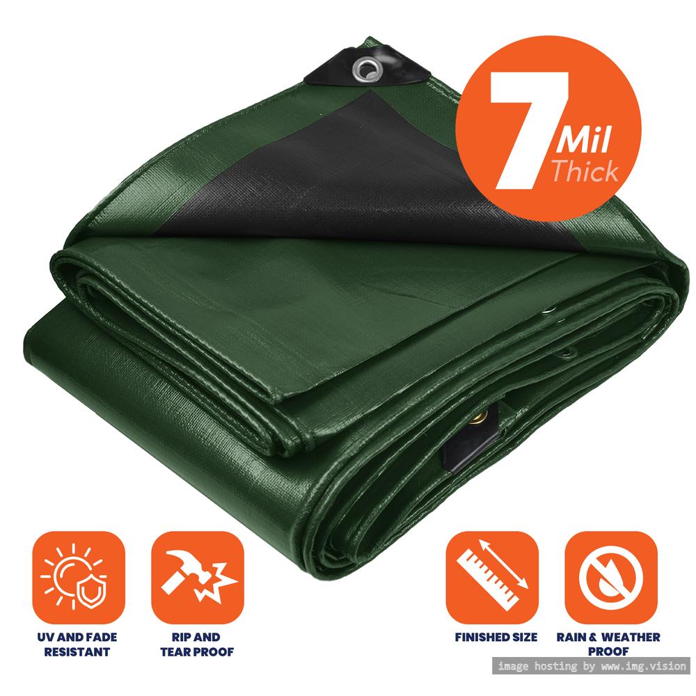 Tarpco Safety Heavy Duty 7 Mil Tarp Cover 30′ X 40′ Green/Black UV Resistant, Rip and Tear Proof.