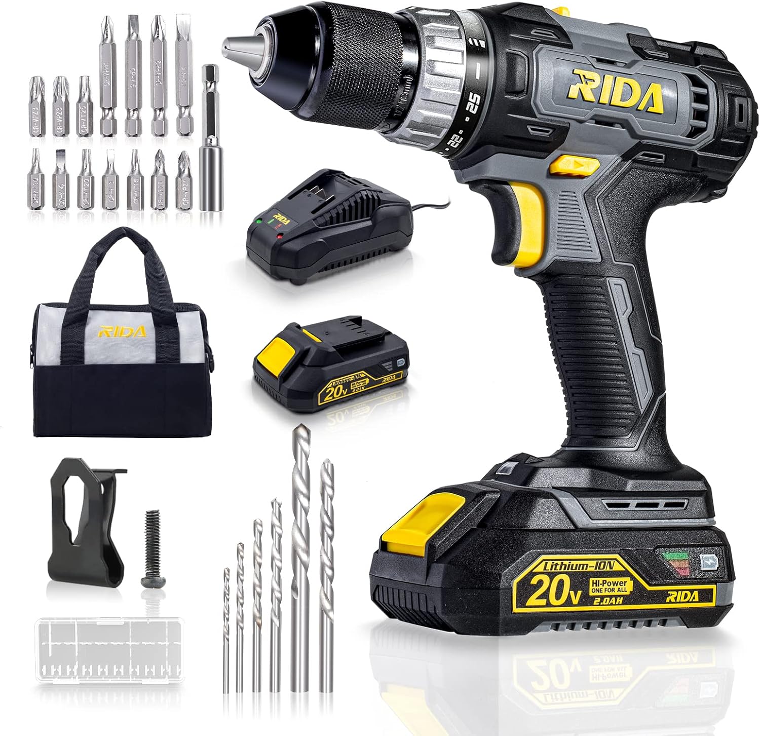 RIDA Cordless Drill Set 20V Electric Power Drill 1/2'' Keyless Metal Chuck 355 In-lb(40N.m) Torque 2.0AH Li-ion Battery & Fast Charger, Variable Speed, 25+1 Position and 22pcs Drill/Driver Bits