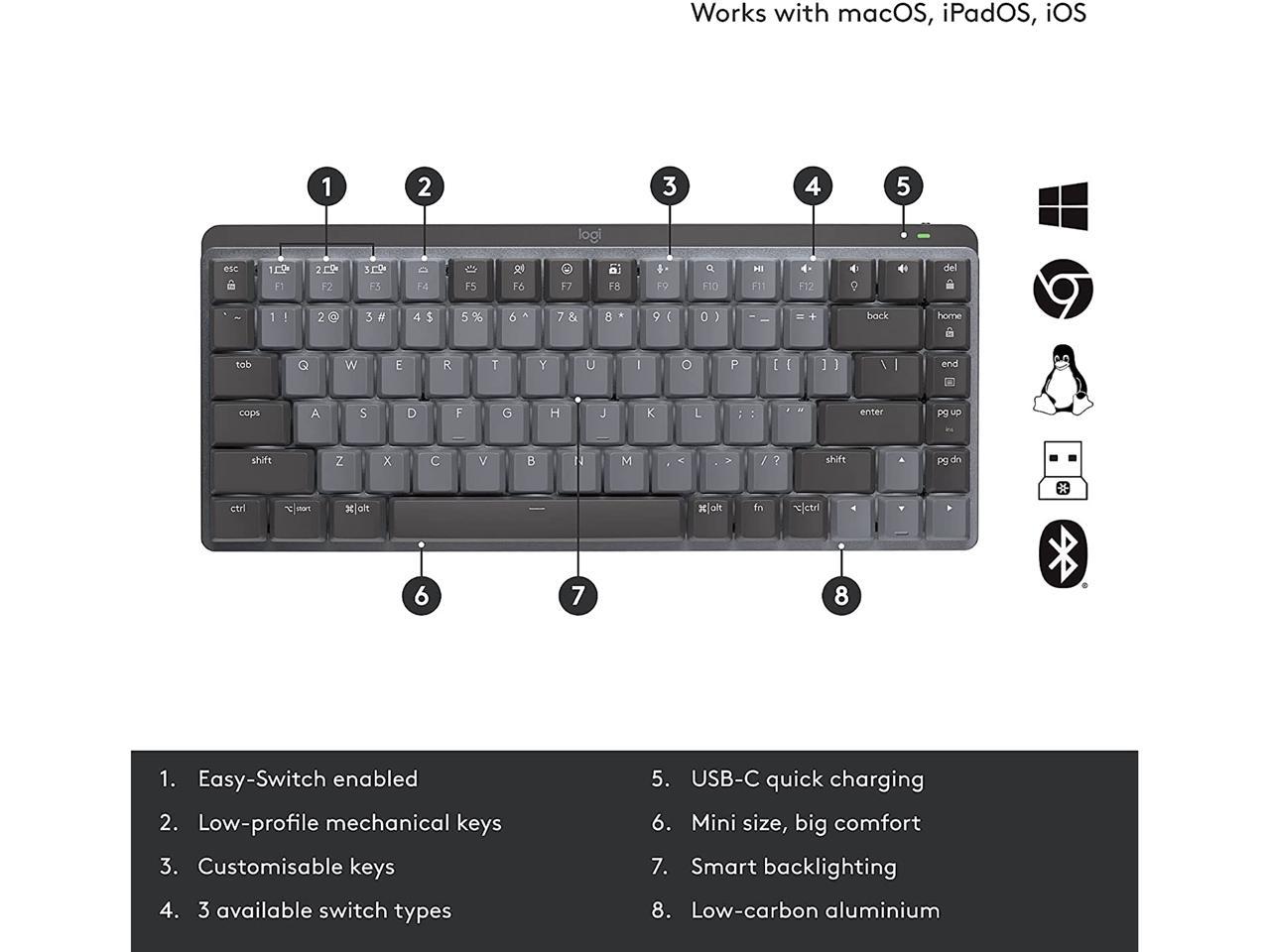 Logitech MX Mechanical Mini Wireless Illuminated Keyboard, Linear Switches, Backlit, Bluetooth, USB-C, macOS, Windows, Linux, iO