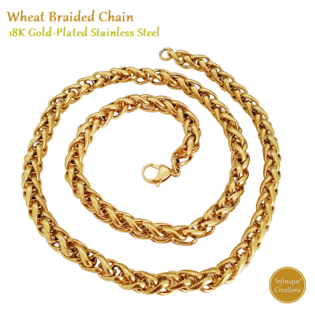 Infinique Creations - 18K Gold Plated Stainless Steel Wheat Braided Chain Bracelet Necklace 3mm - 8mm