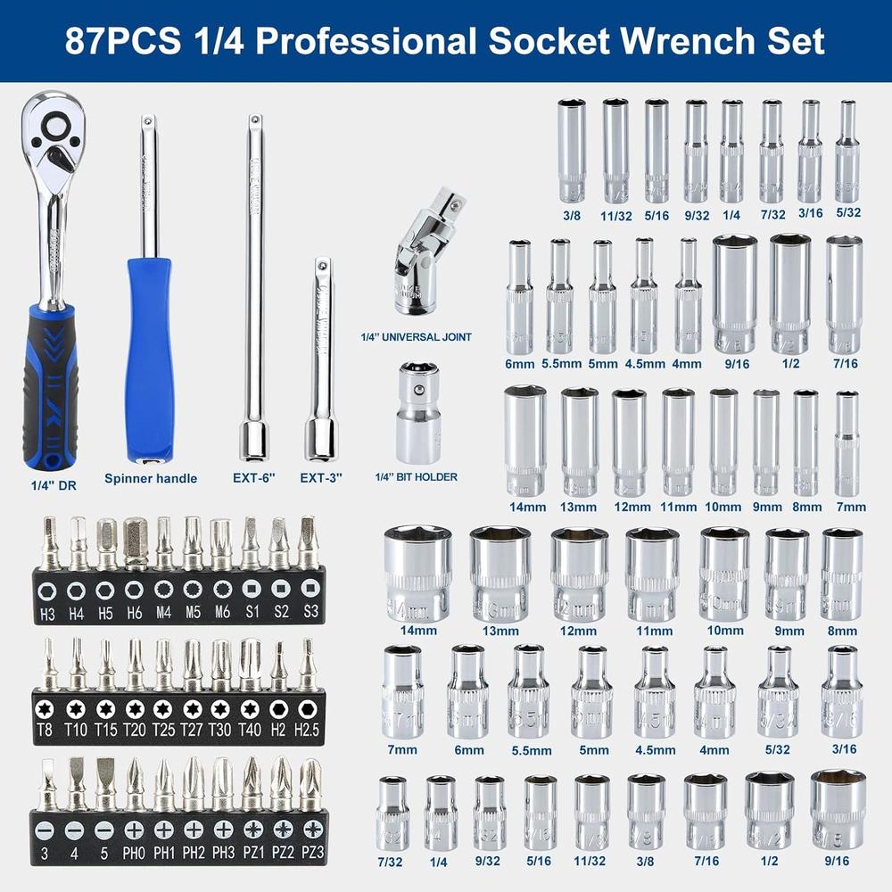SORAKO 87-Piece Socket Set, 1/4" Drive Socket Set Including 72 Tooth Ratcheting Wrench,1/4-Inch Bits