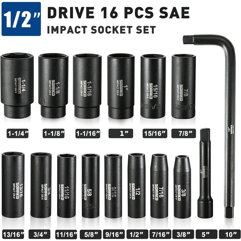 SORAKO Impact Socket Set 1/2” Drive, 16 PCS Deep Socket Set Include Large Socket Set and 5” Extension Bar & 10” L Handle