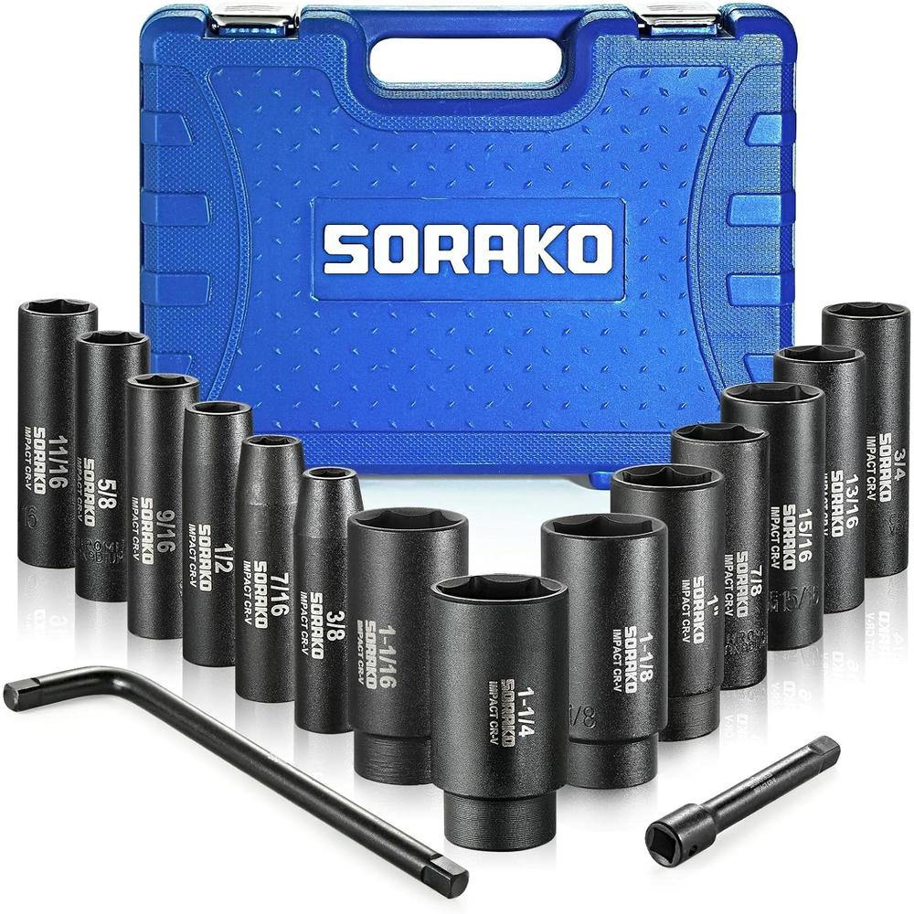 SORAKO Impact Socket Set 1/2” Drive, 16 PCS Deep Socket Set Include Large Socket Set and 5” Extension Bar & 10” L Handle