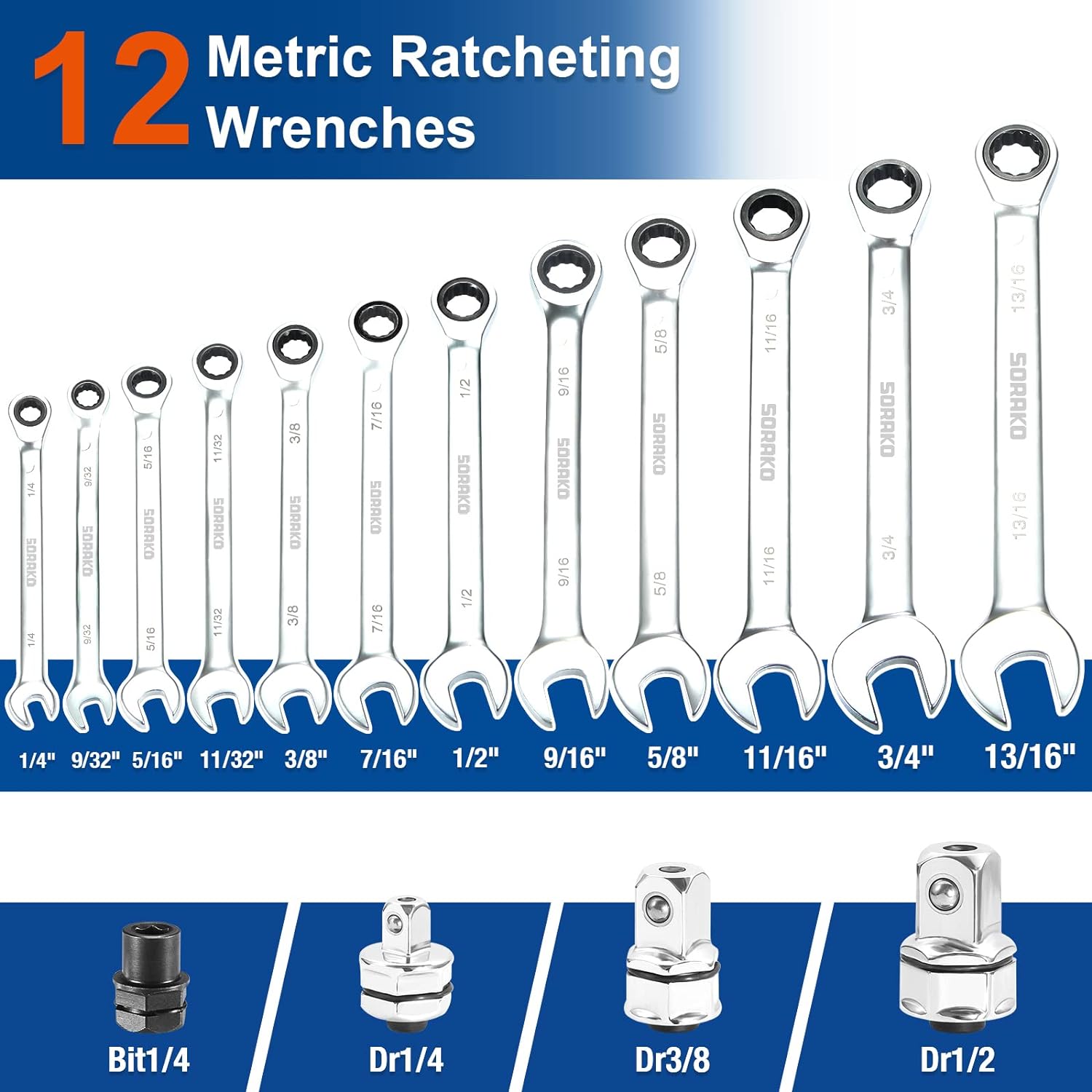 SORAKO Ratcheting Combination Wrench Set,16-Piece Ratchet Wrench Kit with Socket Adapter, 1/4″ - 13/16″ Chrome Vanadium Steel Wrenches