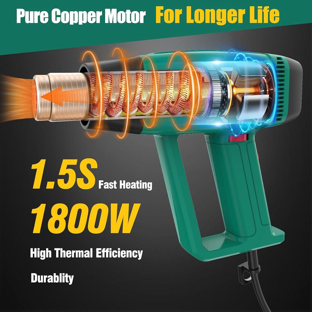 HYCHIKA Heat Gun, 1800W Hot Air Gun Kit with 6 Nozzles 140℉-1112℉ Fast Heating Variable Temp Control, Heat Gun for Crafting, Sol