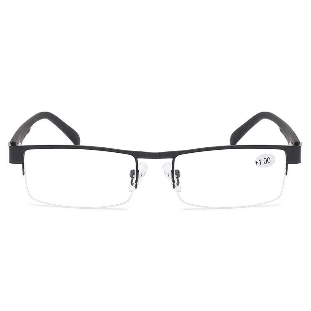 B and Q 10 Pair Mens Rectangular Metal Half Frame Reading Glasses Spring Hinge Black Readers