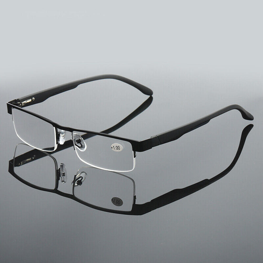 B and Q 10 Pair Mens Rectangular Metal Half Frame Reading Glasses Spring Hinge Black Readers