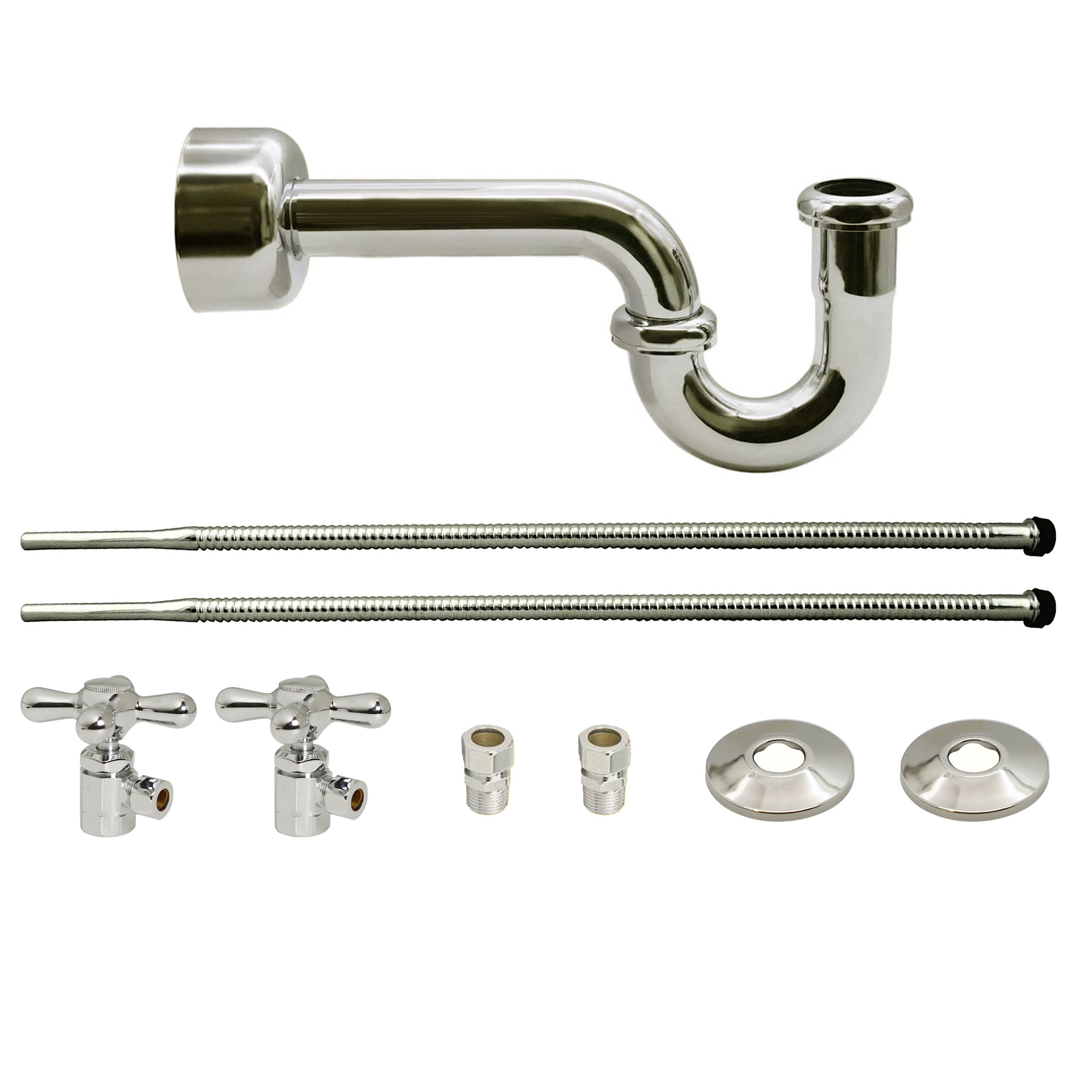 Westbrass D1738L-05 Pedestal Sink Kit with Supply Lines, P-Trap, Flanges and Cross Handle Angle Stops, Polished Nickel
