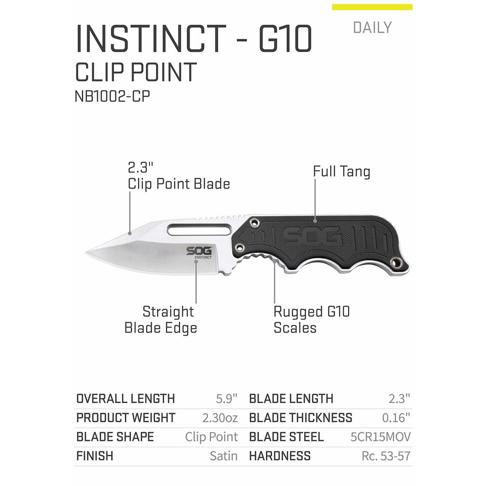 SOG Instinct Small Fixed Blade Knife, Boot Knife, Neck Knife, Full Tang Knife