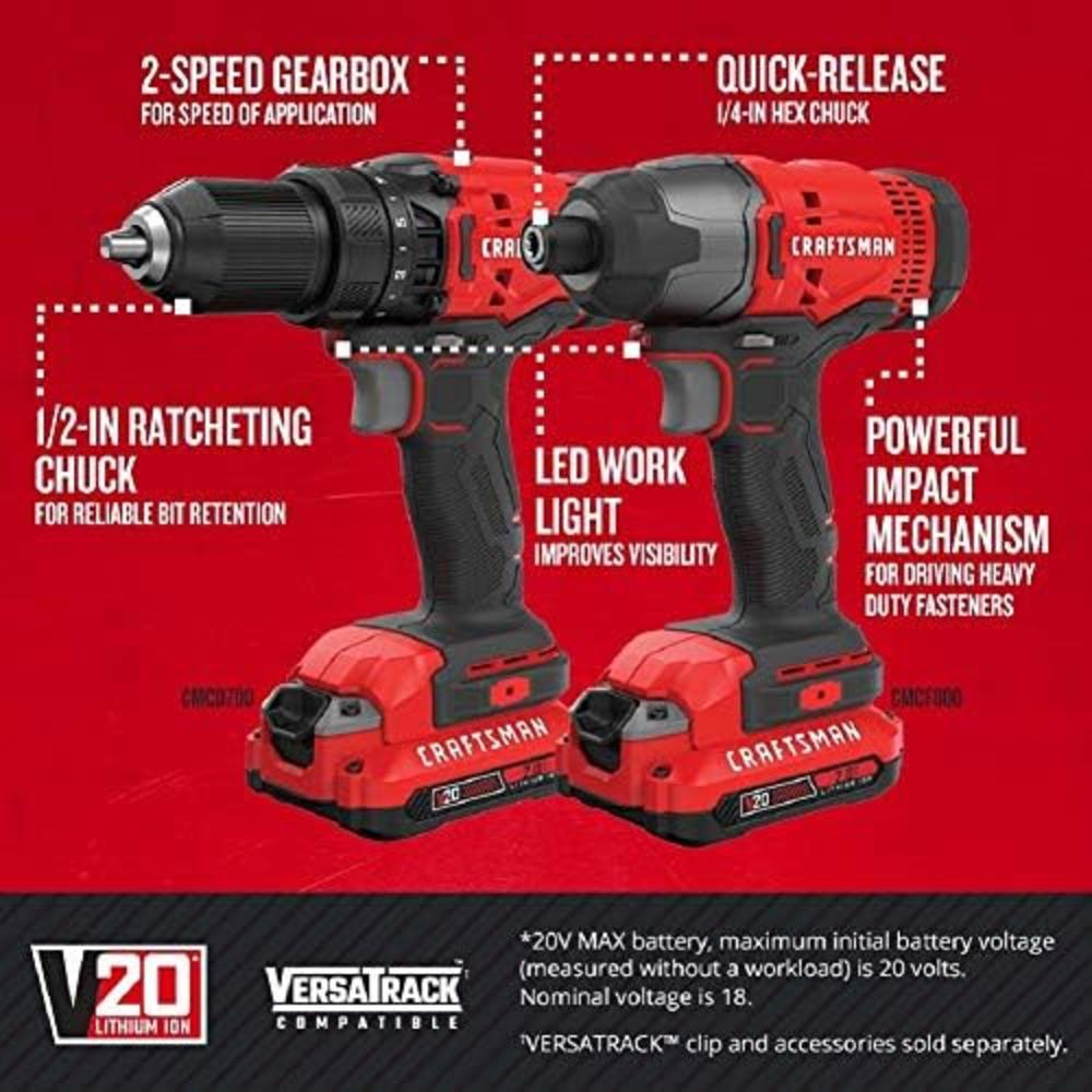 Craftsman V20 MAX Cordless Drill and Impact Driver, Power Tool Combo ...