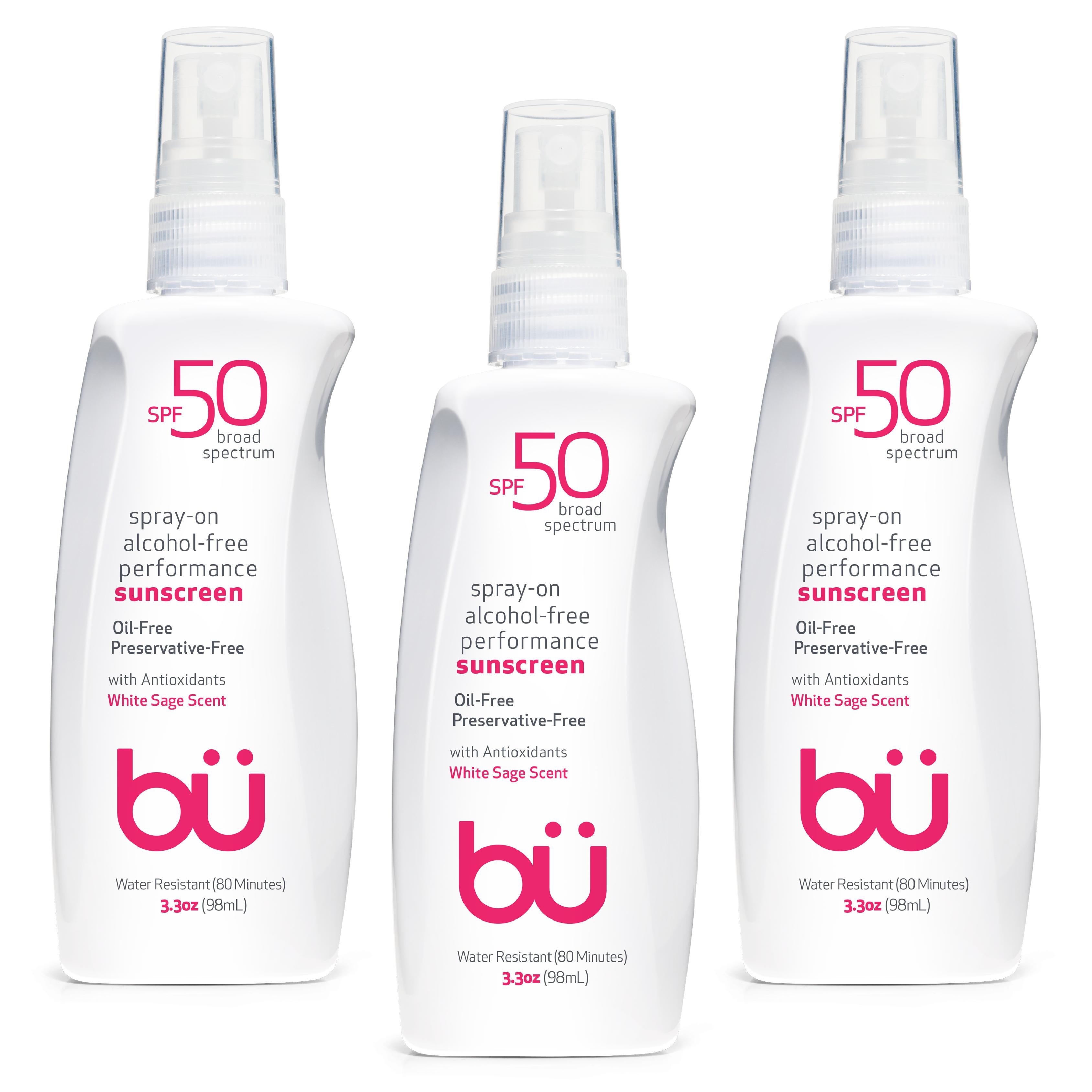 BU 3-Pack (3.3oz) SPF 50 Alcohol-Free Sunscreen Spray w/natural essence of Sage