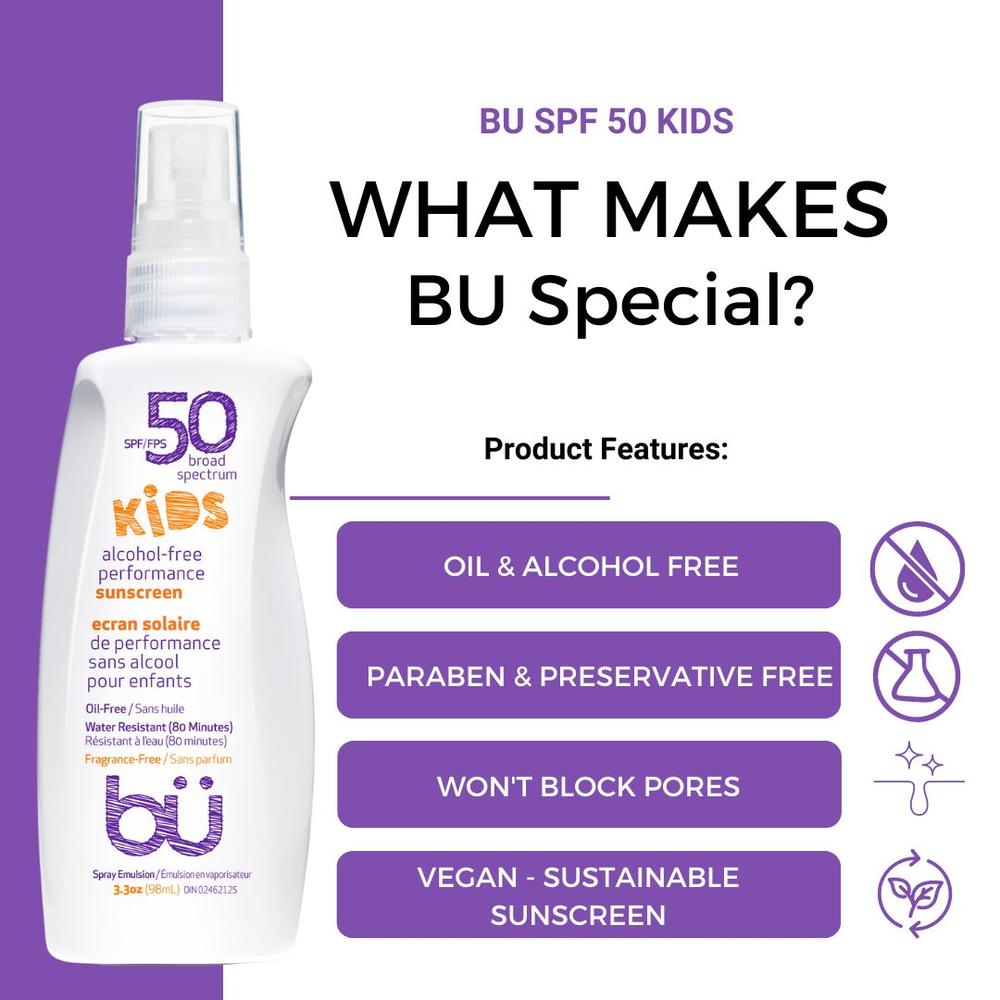BU 3-Pack (1oz) KIDS SPF 50 Alcohol-Free Sunscreen Spray - Fragrance Free