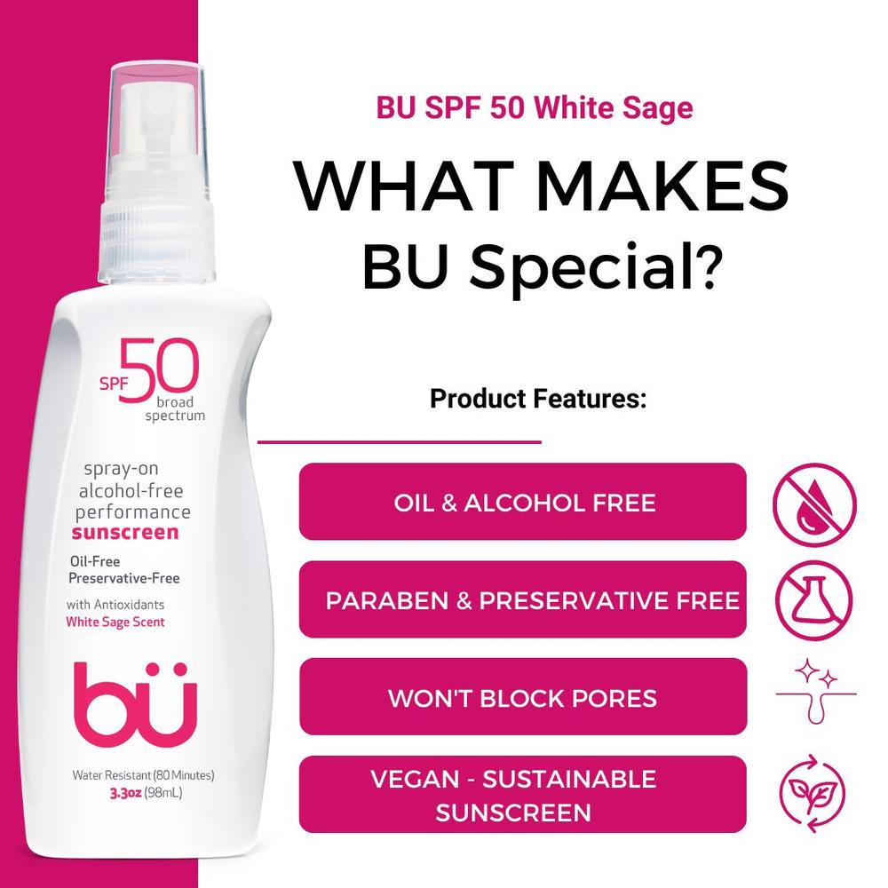 BU 3-Pack (1oz) SPF 50 Alcohol-Free Sunscreen Spray w/natural essence of Sage