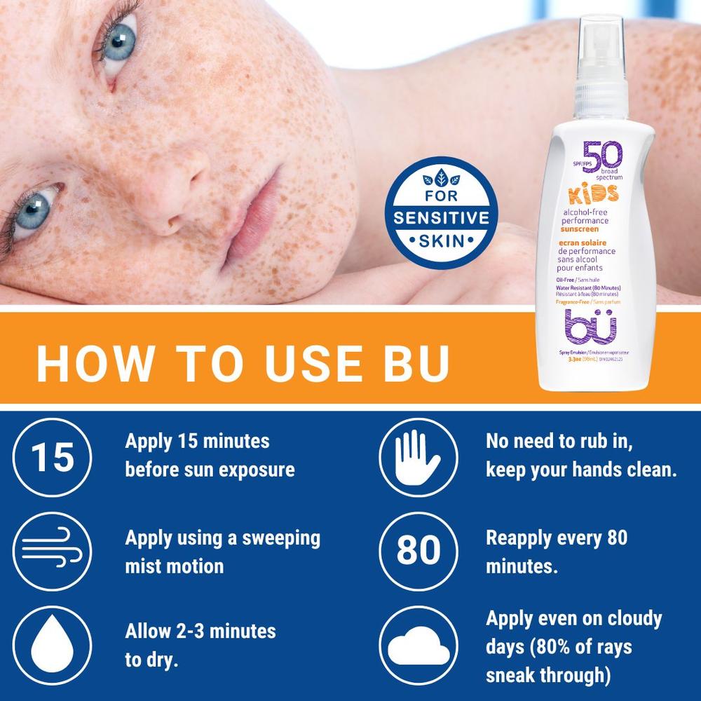 BU 3-Pack (3.3oz) KIDS SPF 50 Alcohol-Free Sunscreen Spray - Fragrance Free