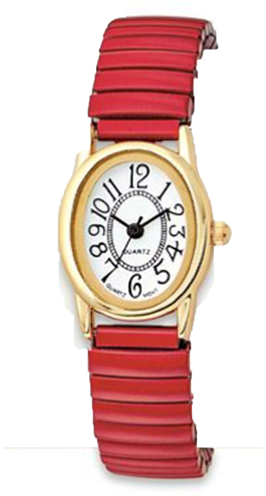 Savvy Stylings Womens Watch Red Stainless Steel Stretch Band Watch Gold Oval Case White Easy Read Dial