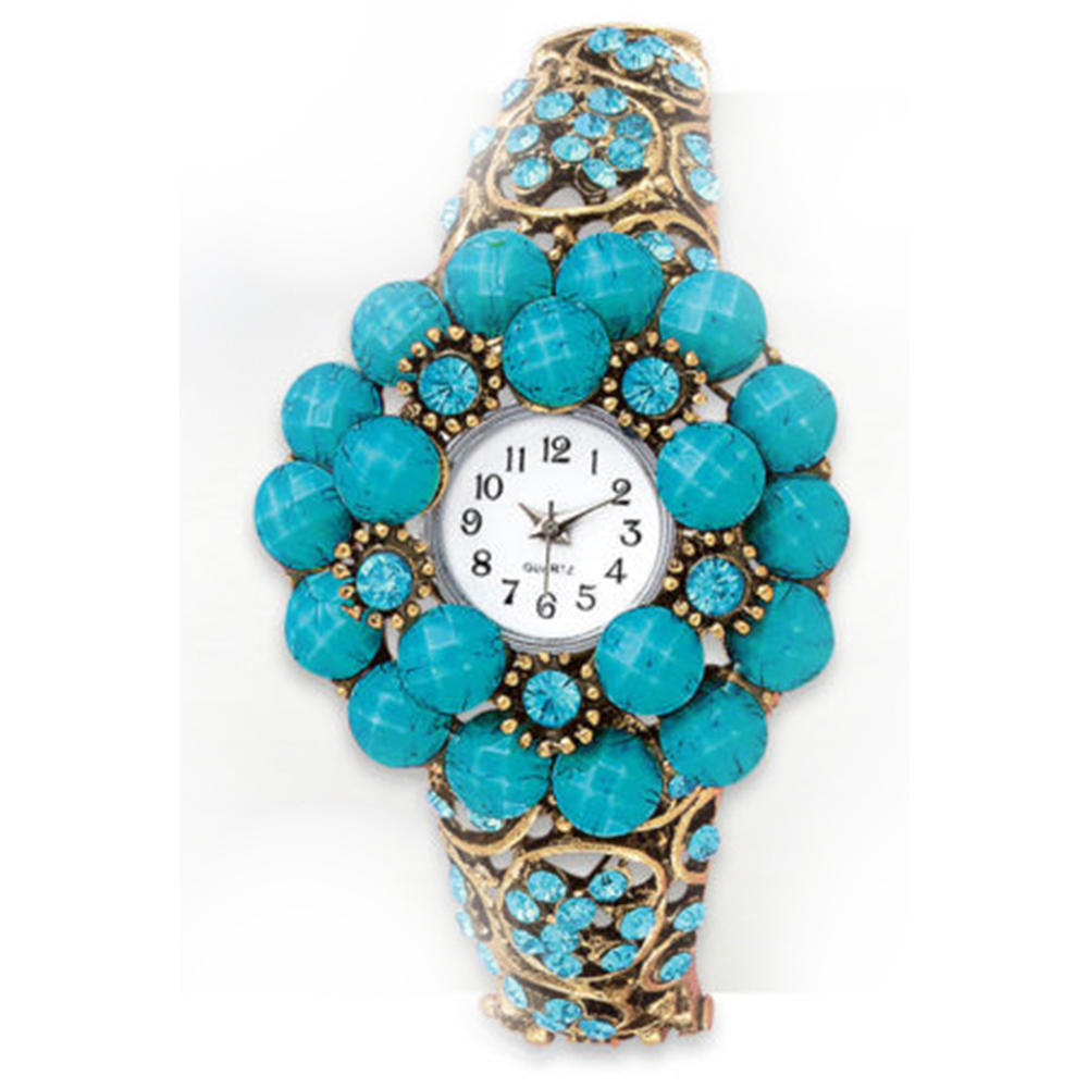 Savvy Stylings Womens Watch Turquoise Beaded Crystal Bangle Watch Round Dial