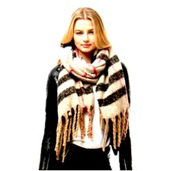 Savvy Stylings Bold Striped Rectangular Winter Scarve Fringes Black Thin Red Beige Stripes