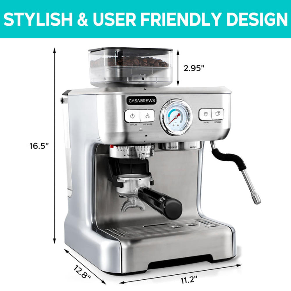 Casabrews All-in-One Espresso Machine Coffee Maker with Grinder Stainless Steel, Silver