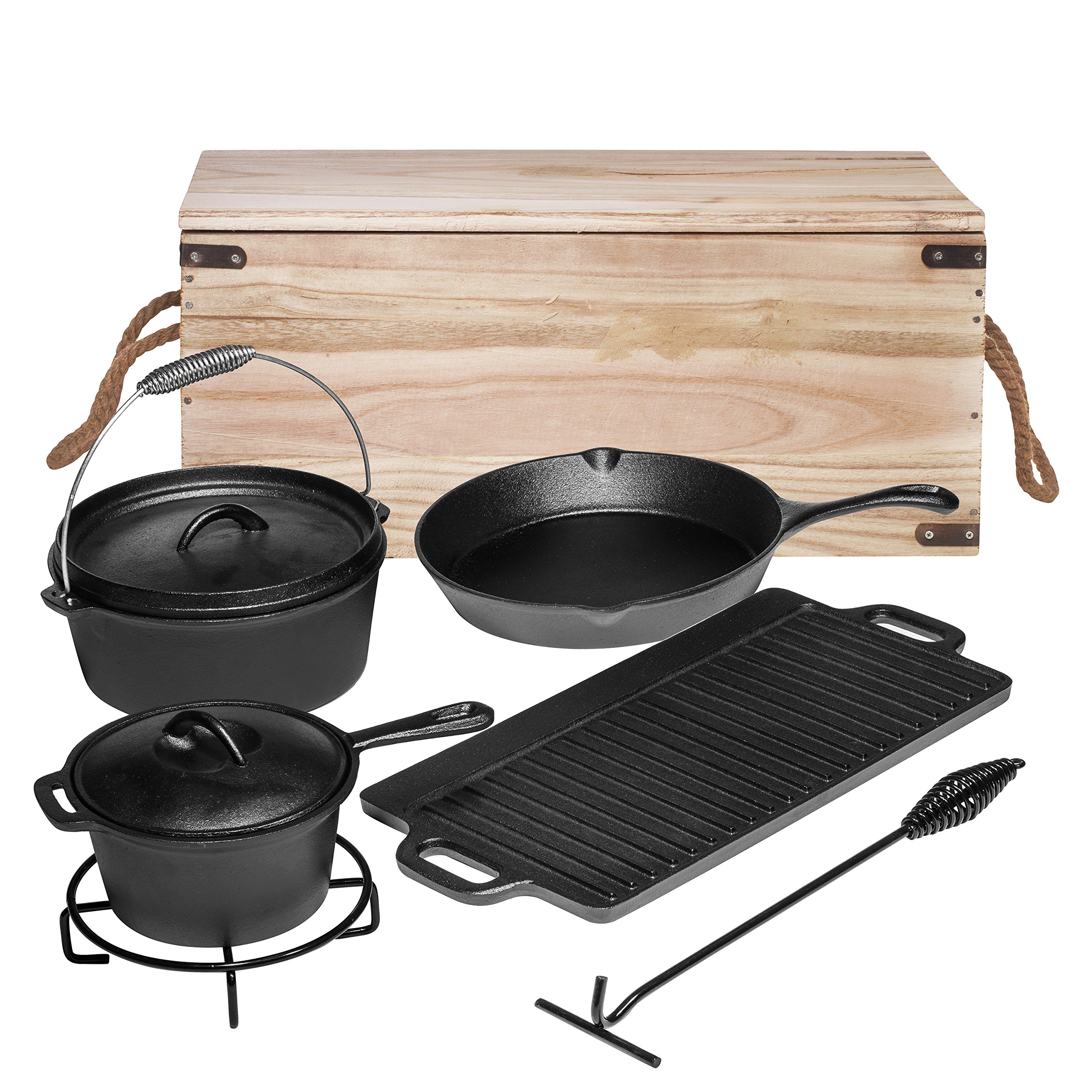 Bruntmor Multicolor Camping Cooking Set of 7 - Pre-Seasoned Cast Iron Pots  & Pans