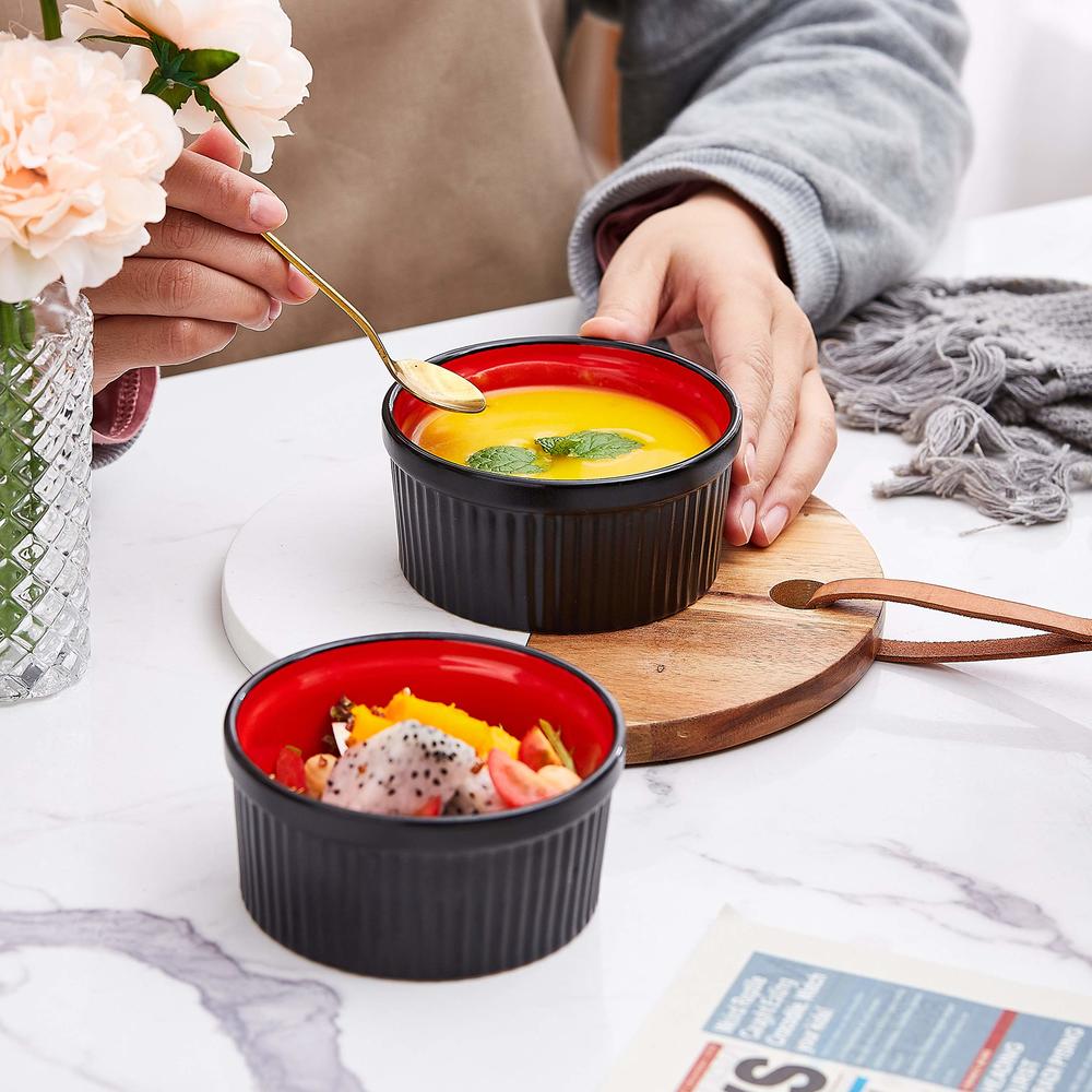 Bruntmor 8 Oz Black & Red Ceramic Ramekin Set of 6 | Dishwasher Safe