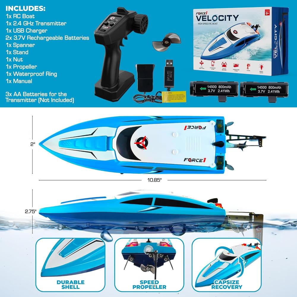 Force1 Velocity Fast RC Boat - Blue