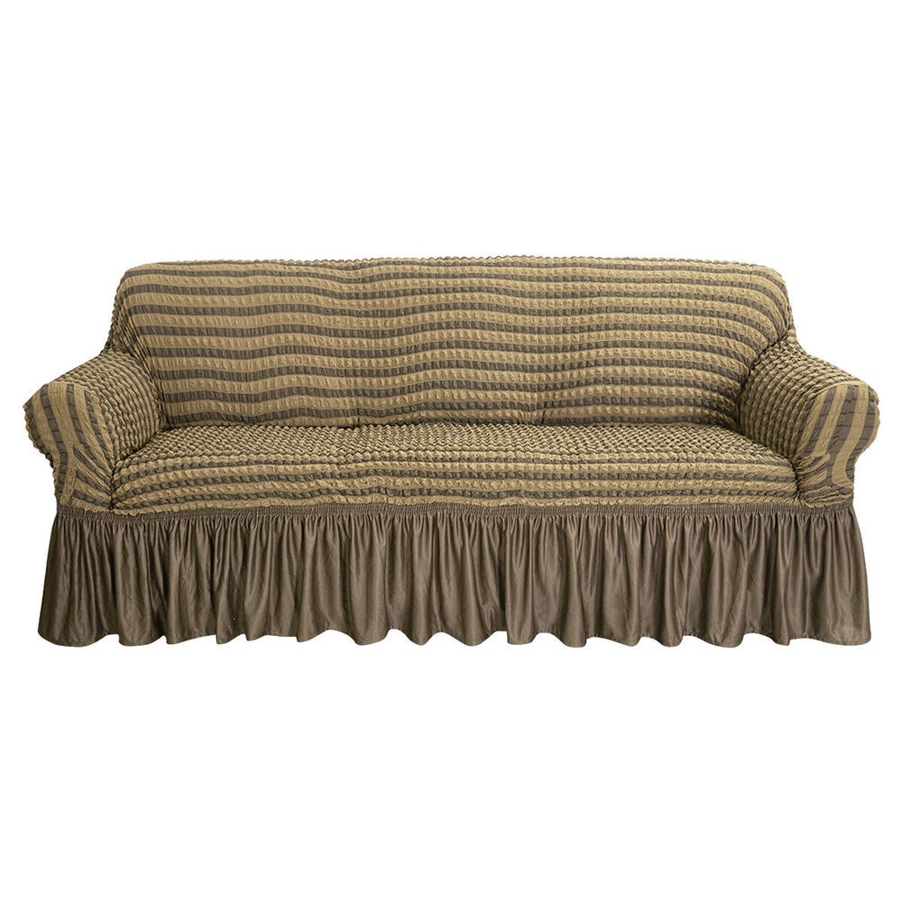 Stock Preferred 3D Bubble Lattice Stretch Sofa Cover w/ Skirt 4 Seater Sofa in 74-90 Inch Gren Stripe