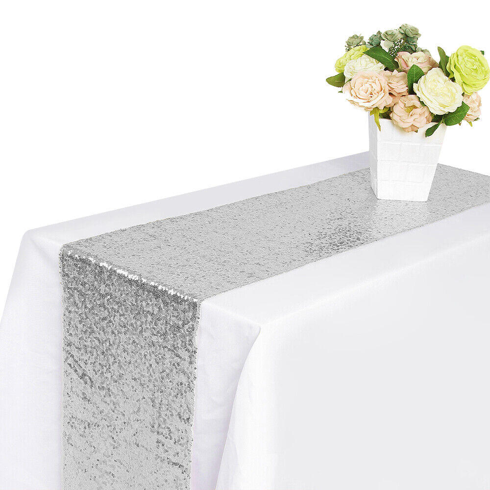 Stock Preferred Glitter Sequin Table Runner Cloth Sparkle Decoration in 5-Pieces 12"x72" Silver