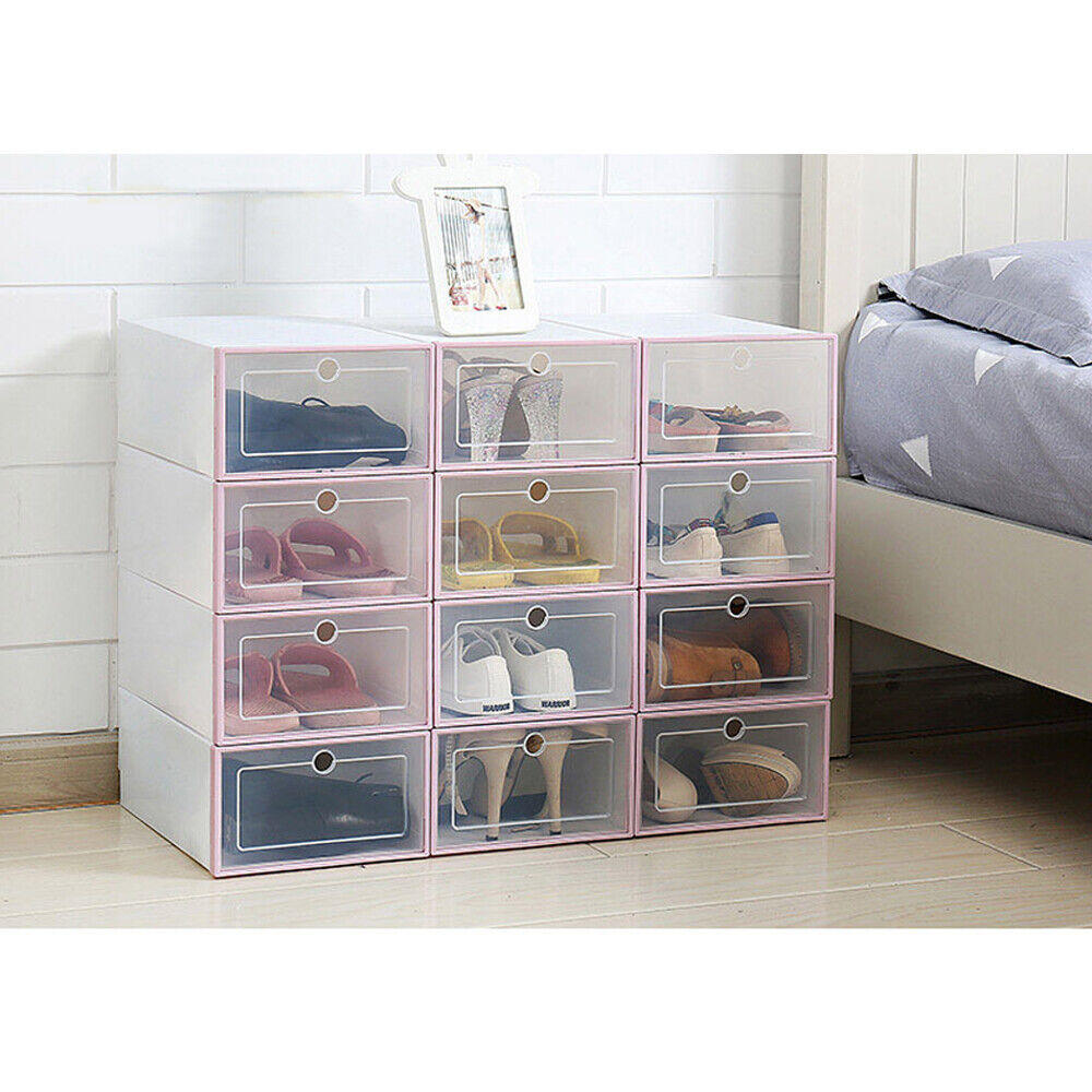 Stock Preferred Foldable Shoe Box Storage Plastic Case Stackable Organizer 12 Pcs Pink Frame