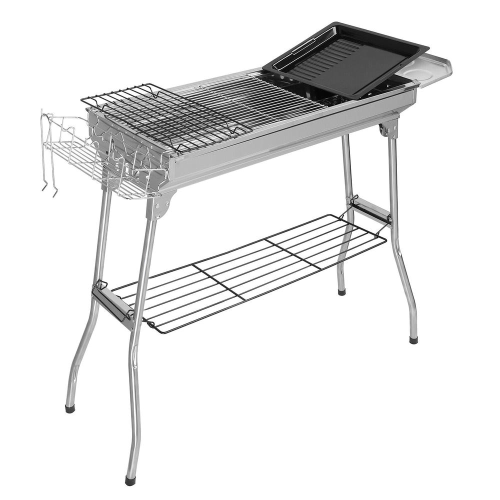 Stock Preferred BBQ Charcoal Grill Stainless Steel Fordable Backyard Cooking Silver 27.95x12.99x27.56"