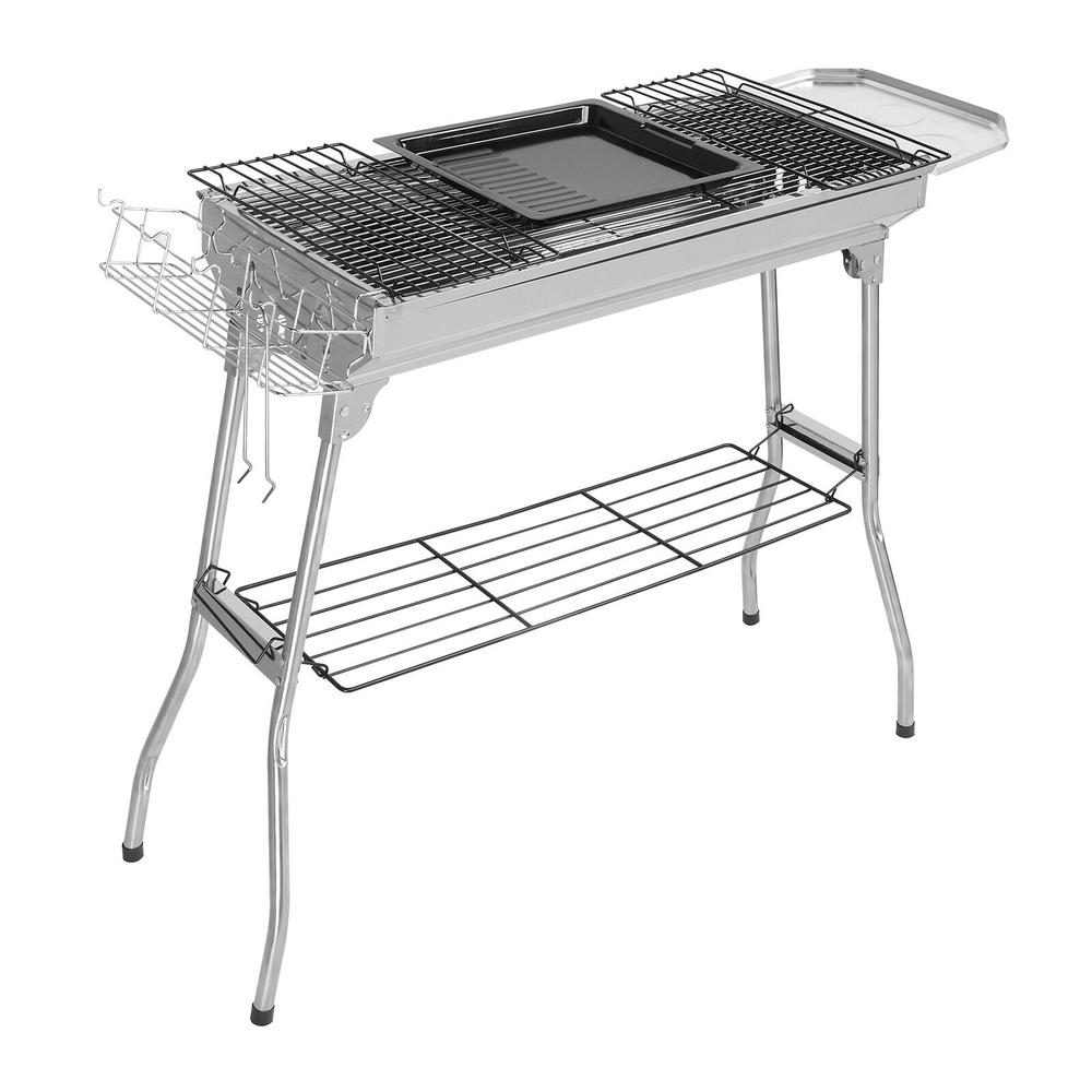 Stock Preferred BBQ Charcoal Grill Stainless Steel Fordable Backyard Cooking Silver 39.37x12.2x27.95"