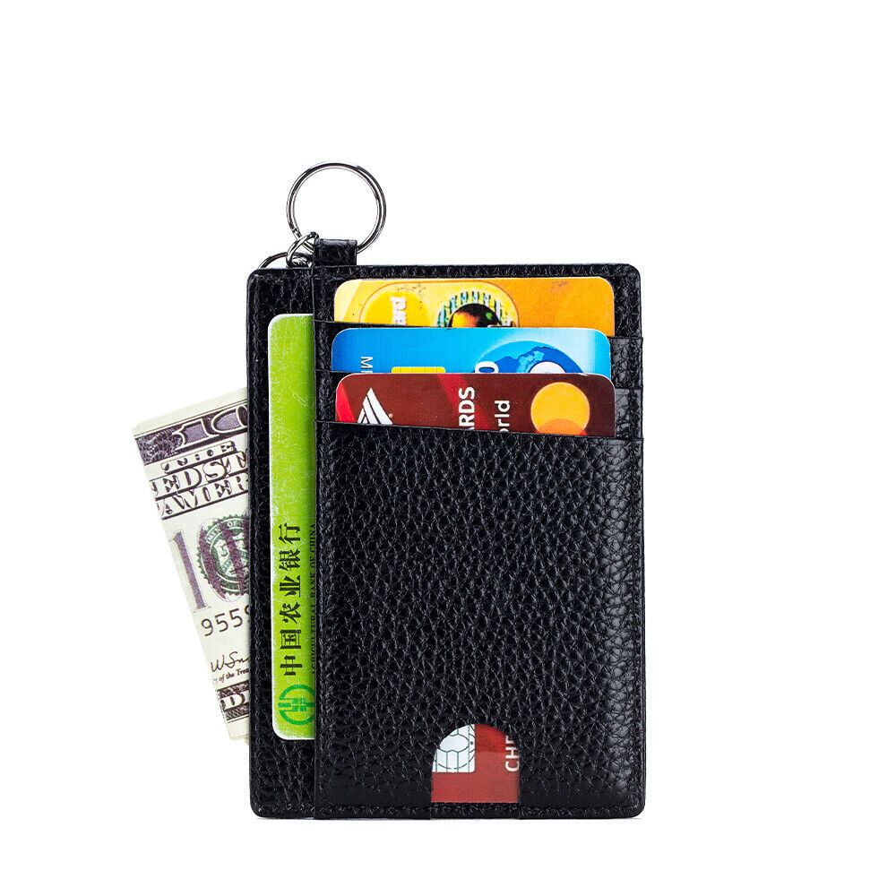 Stock Preferred Men's Leather ID Credit Card Wallet Holder Slim with Key Chain Black