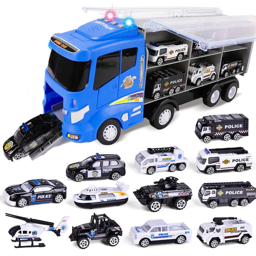 Fun Little Toys 12 in 1 Die-cast Police Car Transport Truck Car Carrier Toy