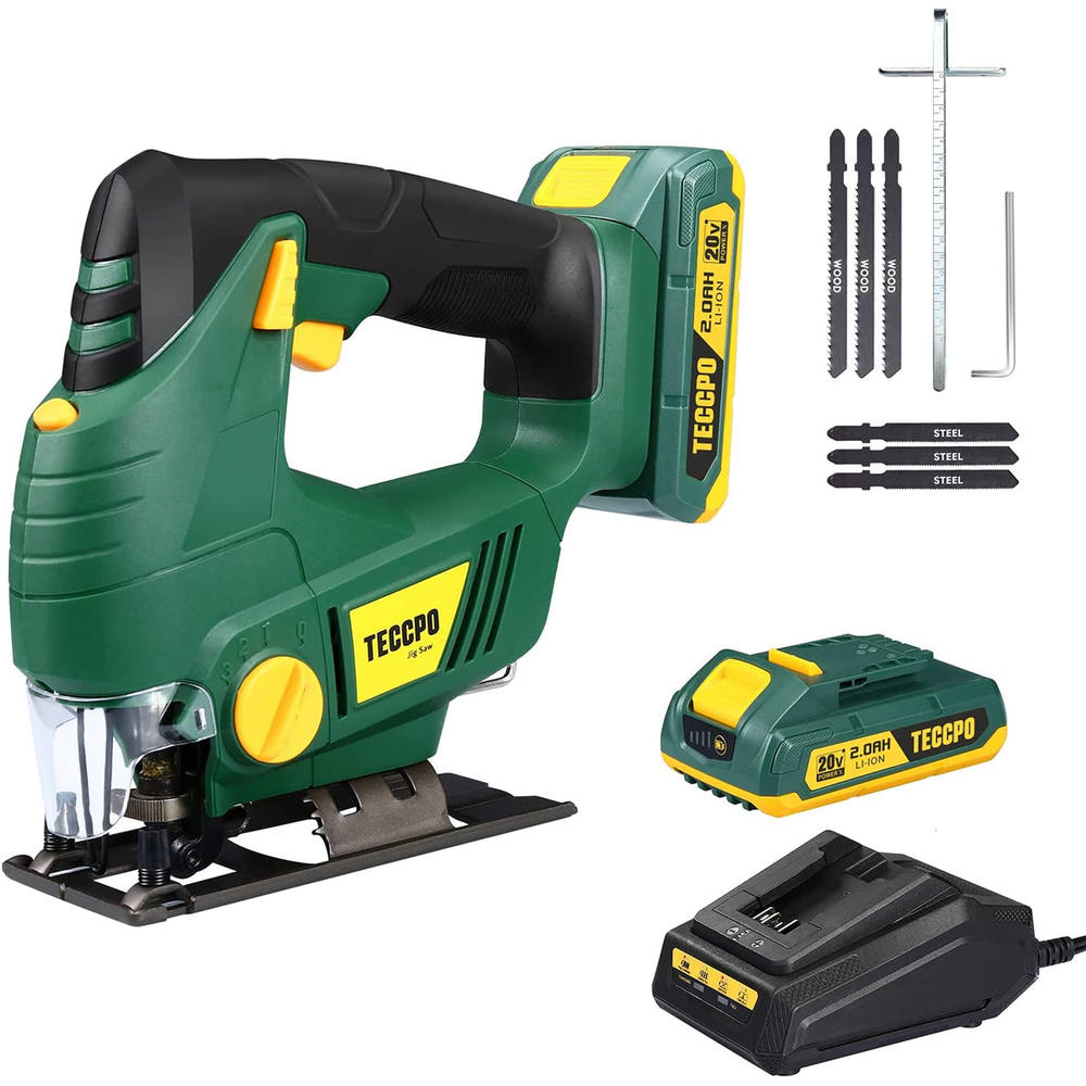 TECCPO Cordless Jigsaw, 20V MAX 2.0Ah Jig Saw with Battery and Charger