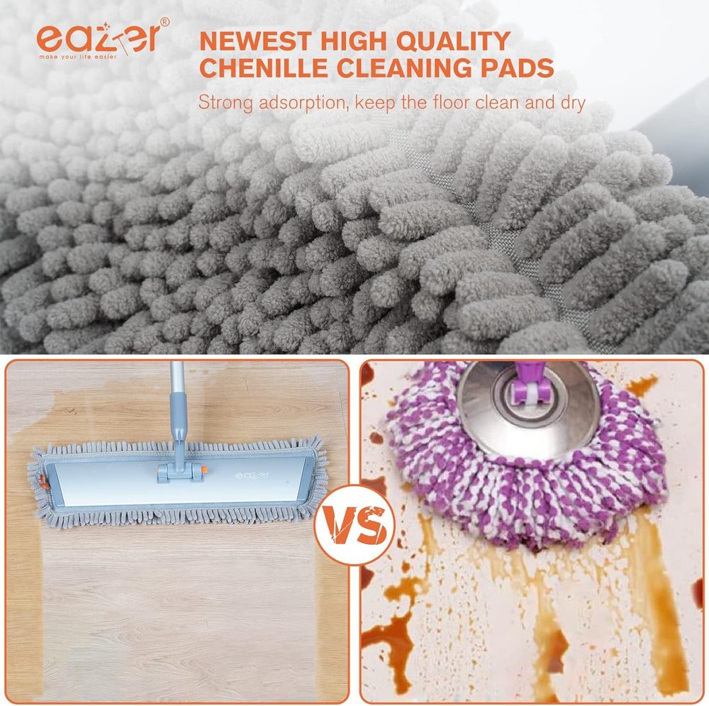 eazer 18" Microfiber Flat Mop with 62-inch Aluminum Mop, 4 Washable Chenille & Microfiber Pads