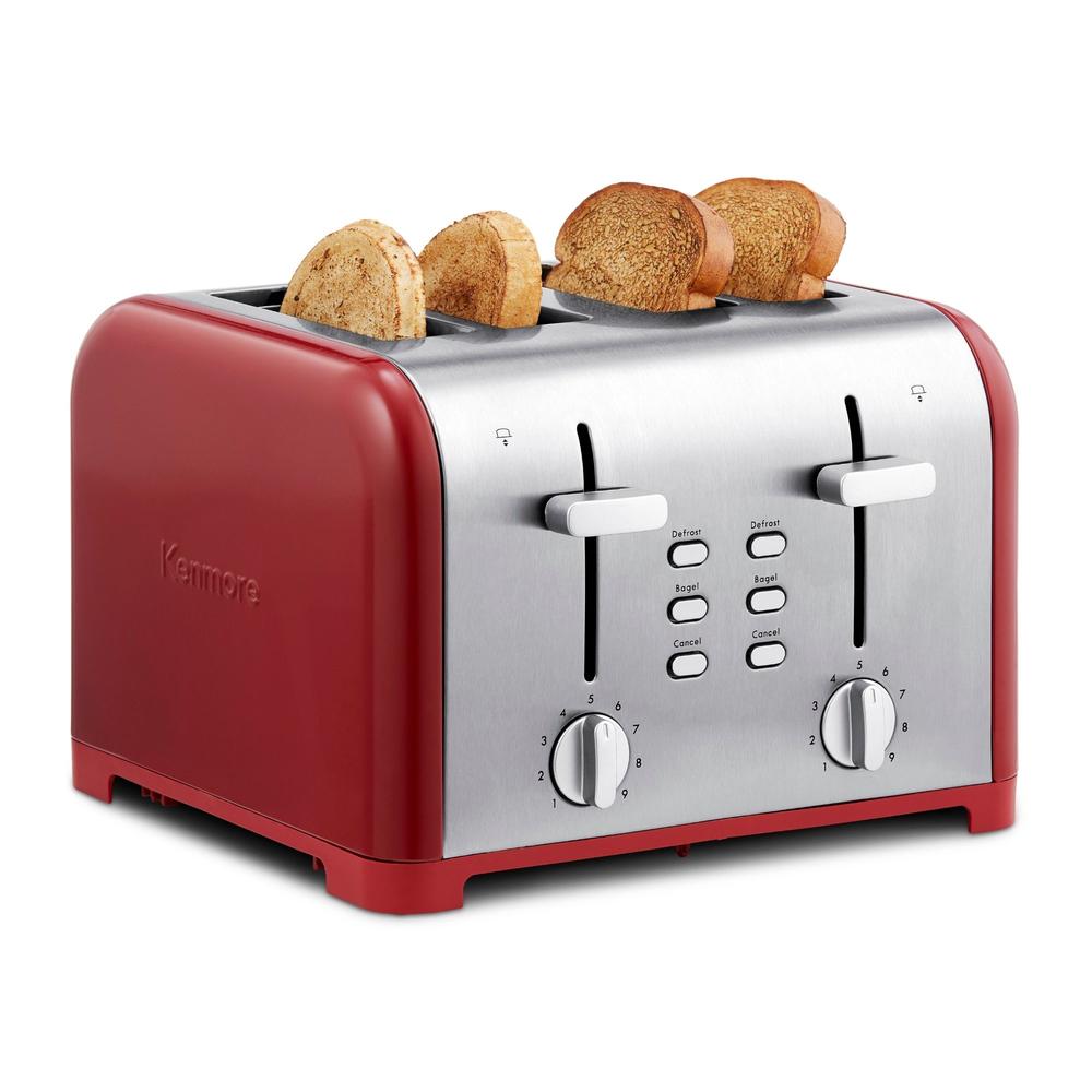 Kenmore 4-Slice Red Stainless Steel Toaster, Dual Controls, Wide Slot