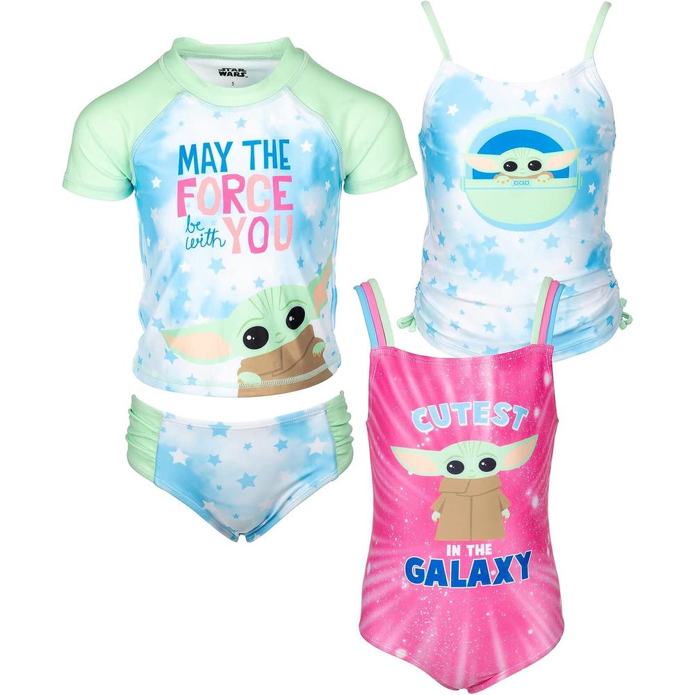 Star Wars The Mandalorian Girls' Baby Yoda 4 Piece Rash Guard Swimsuit Set