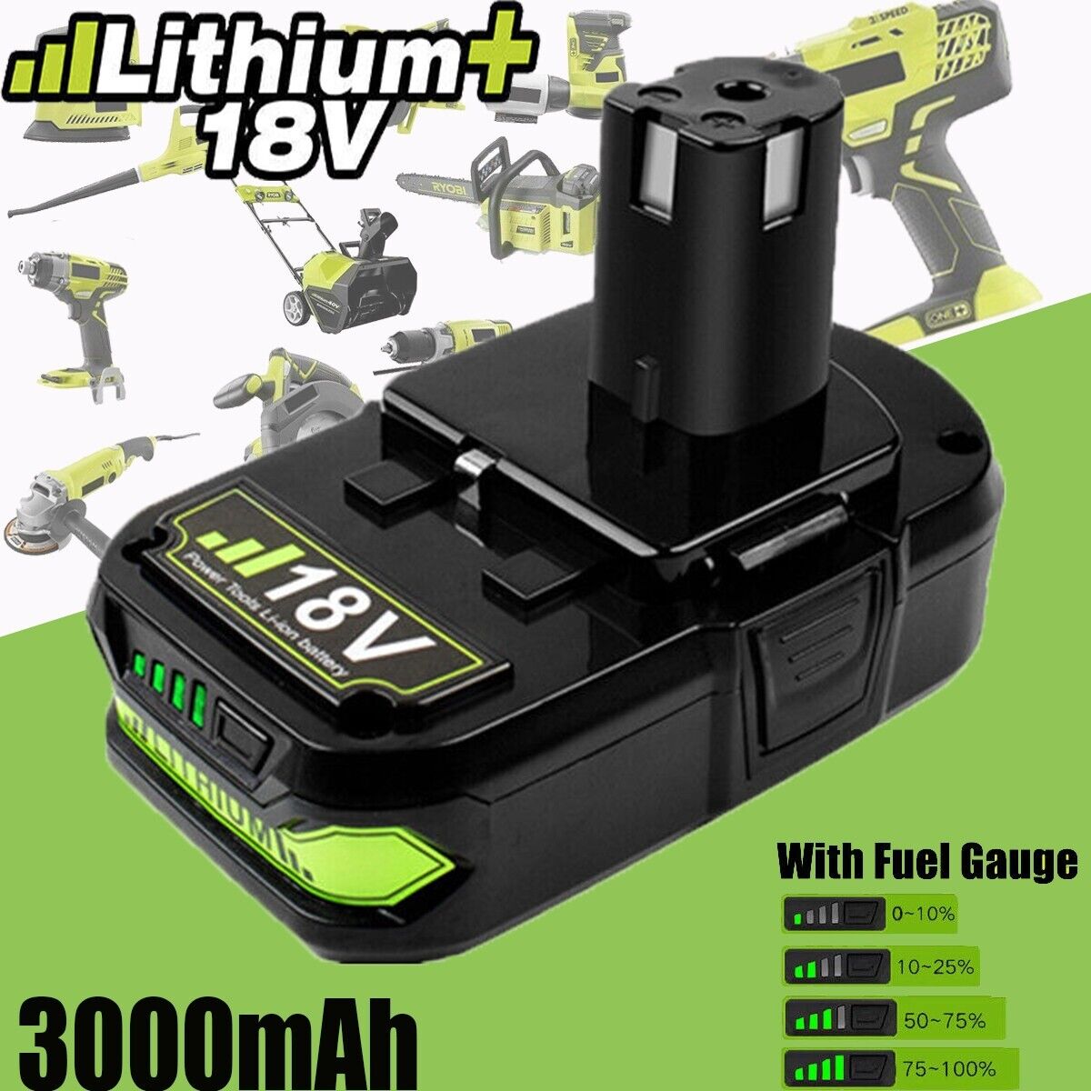 Ryobi 18V 3.0Ah Lithium-Ion Battery For Ryobi P108 P107 P105 P103 Cordless BPL-1815 XM