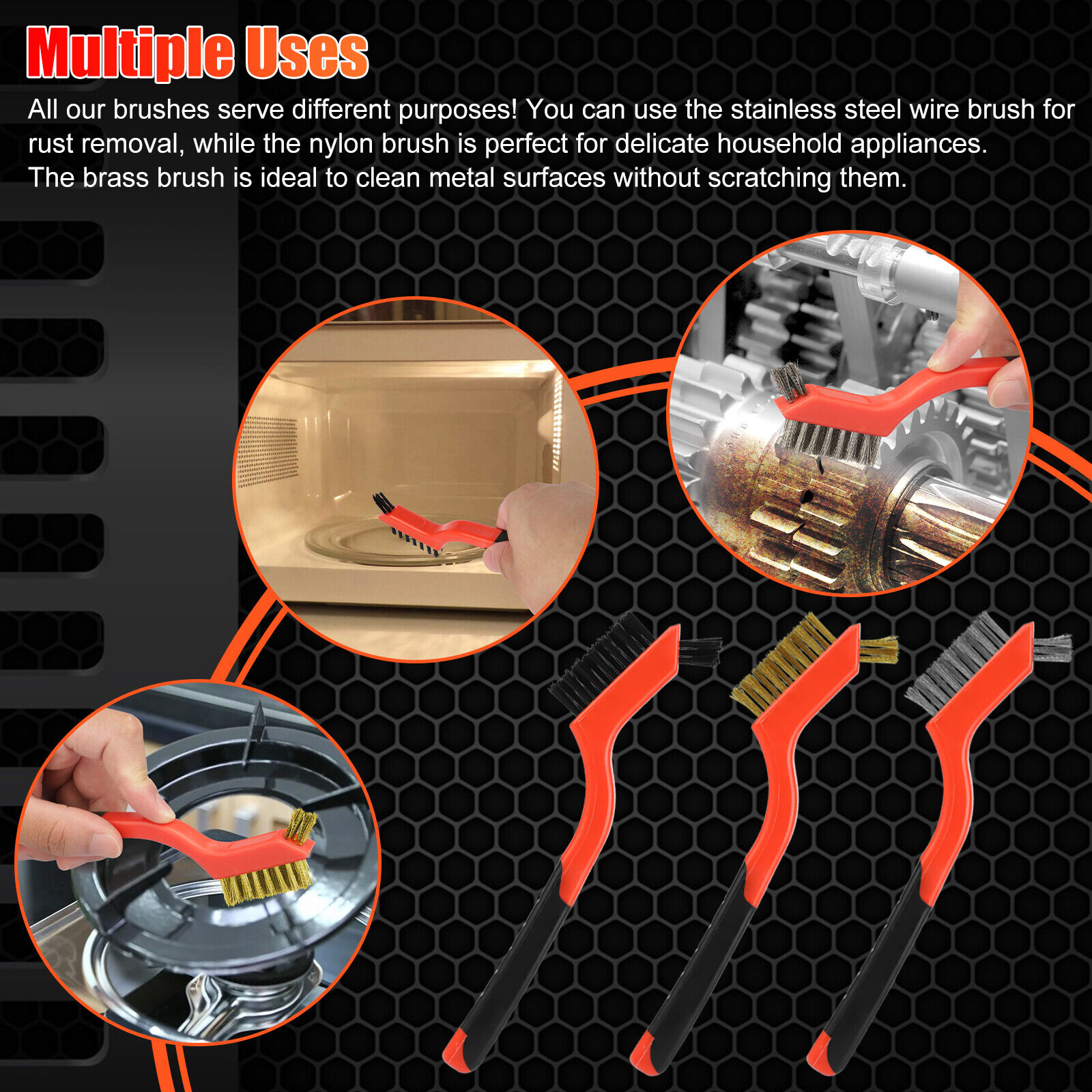 thinkstar 6X Brass Stainless Steel Nylon Bristles Wire Brush Set Detail Clean Rust Remover