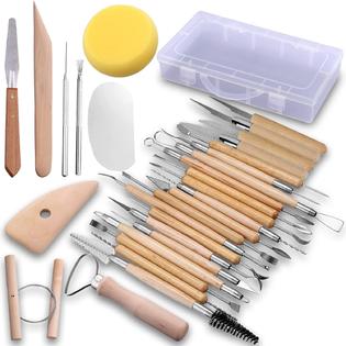 thinkstar Pottery & Clay Sculpting Tools Set, 30-Pieces Clay Sculpting Tool Set with Wooden Handles. Pottery Carving Tools, Double-si