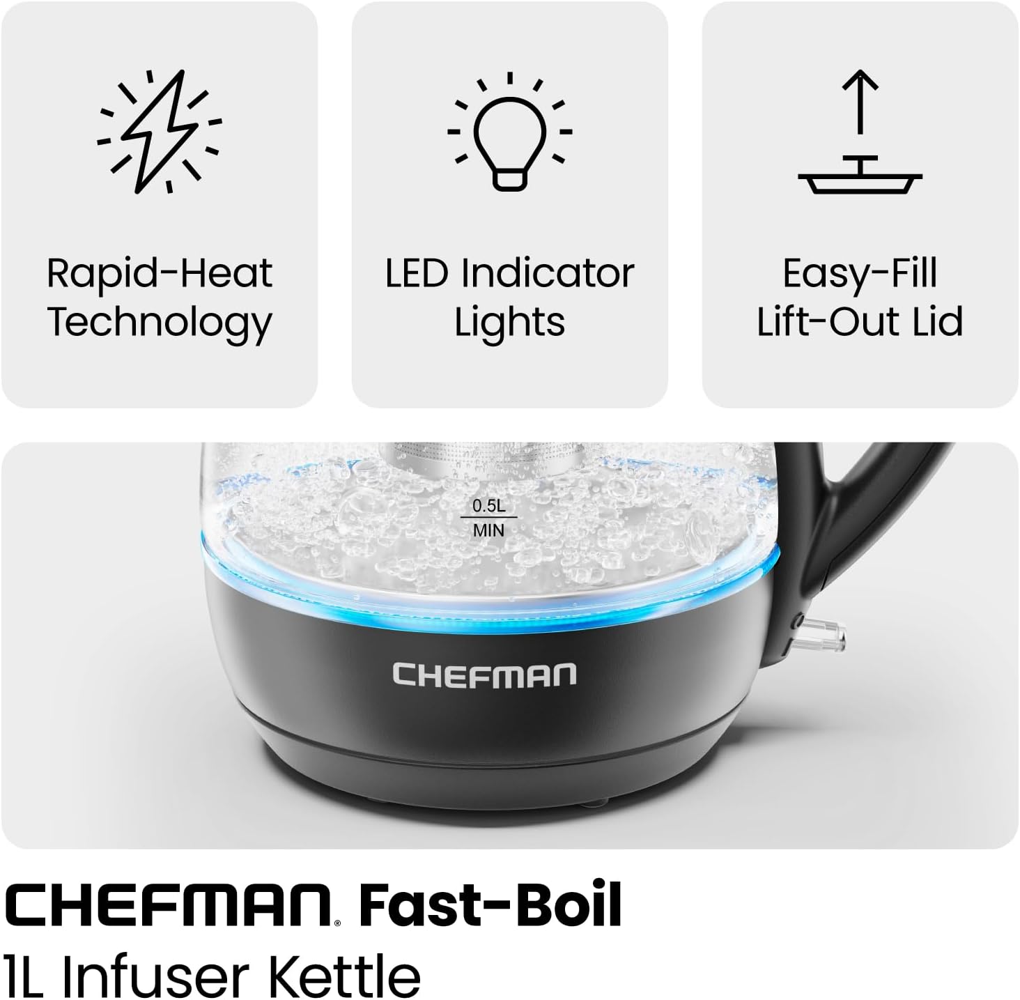 CHEFMAN Electric Kettle with Tea Infuser 1L 1500W Removable Lid for Easy Cleaning Boil-Dry Protection Stainless Steel