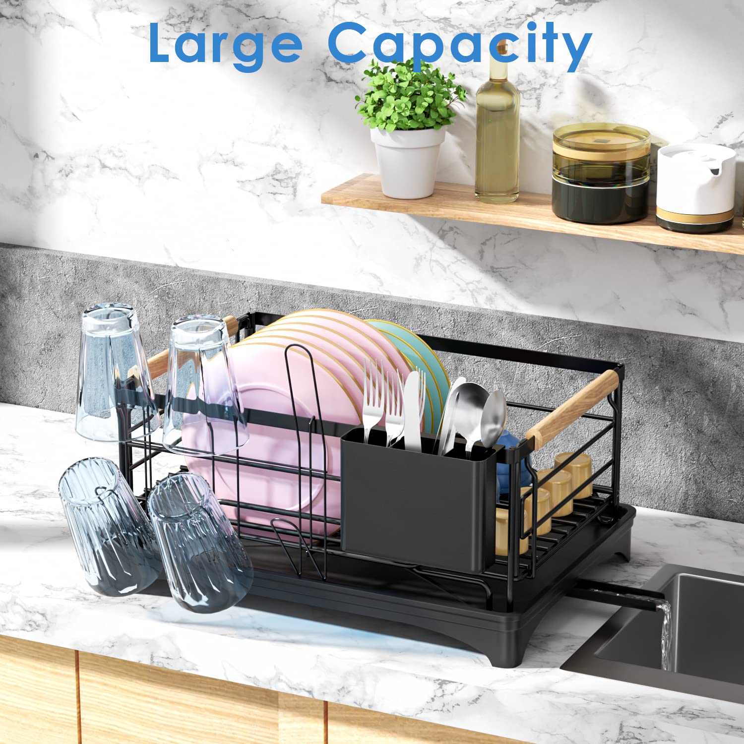 thinkstar Dish Drying Rack, Dish Rack For Kitchen Counter, Rust-Proof Dish Drainer With Drying Board And Utensil Holder For Kitchen