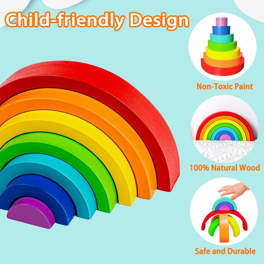 thinkstar Wooden Rainbow Stacking Toy, Wood Rainbow Stacker Arch Game ...