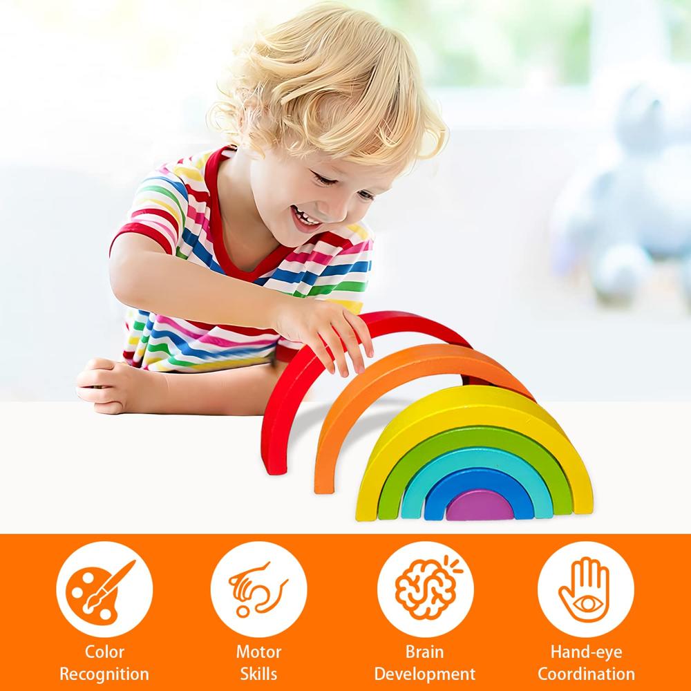 thinkstar Wooden Rainbow Stacking Toy, Wood Rainbow Stacker Arch Game ...