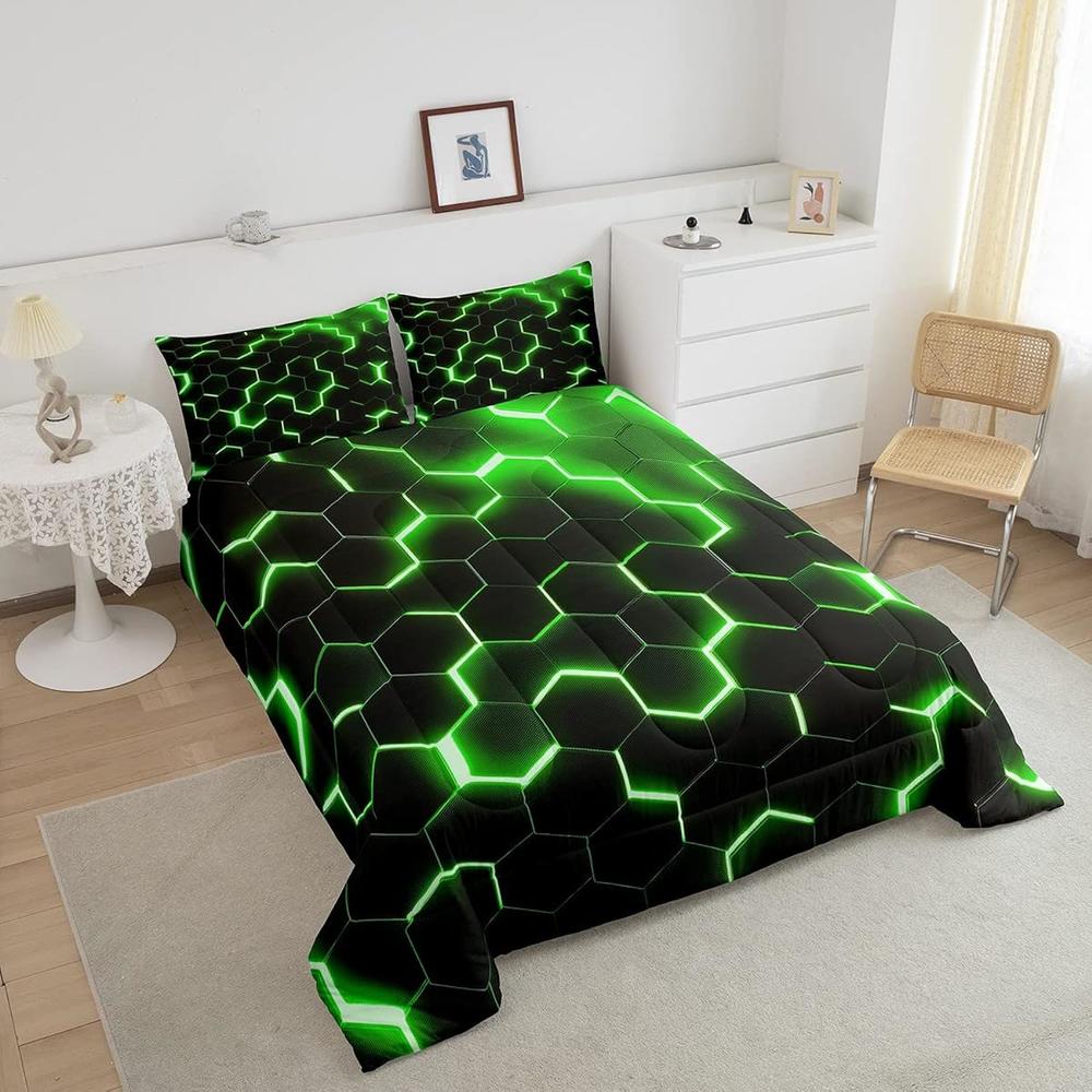 thinkstar Geometric Comforter Set Queen Size,Teen Boys Green Black Neon Light Honeycomb Bedding Sets,Geometry Hexagon Comforter Mode…