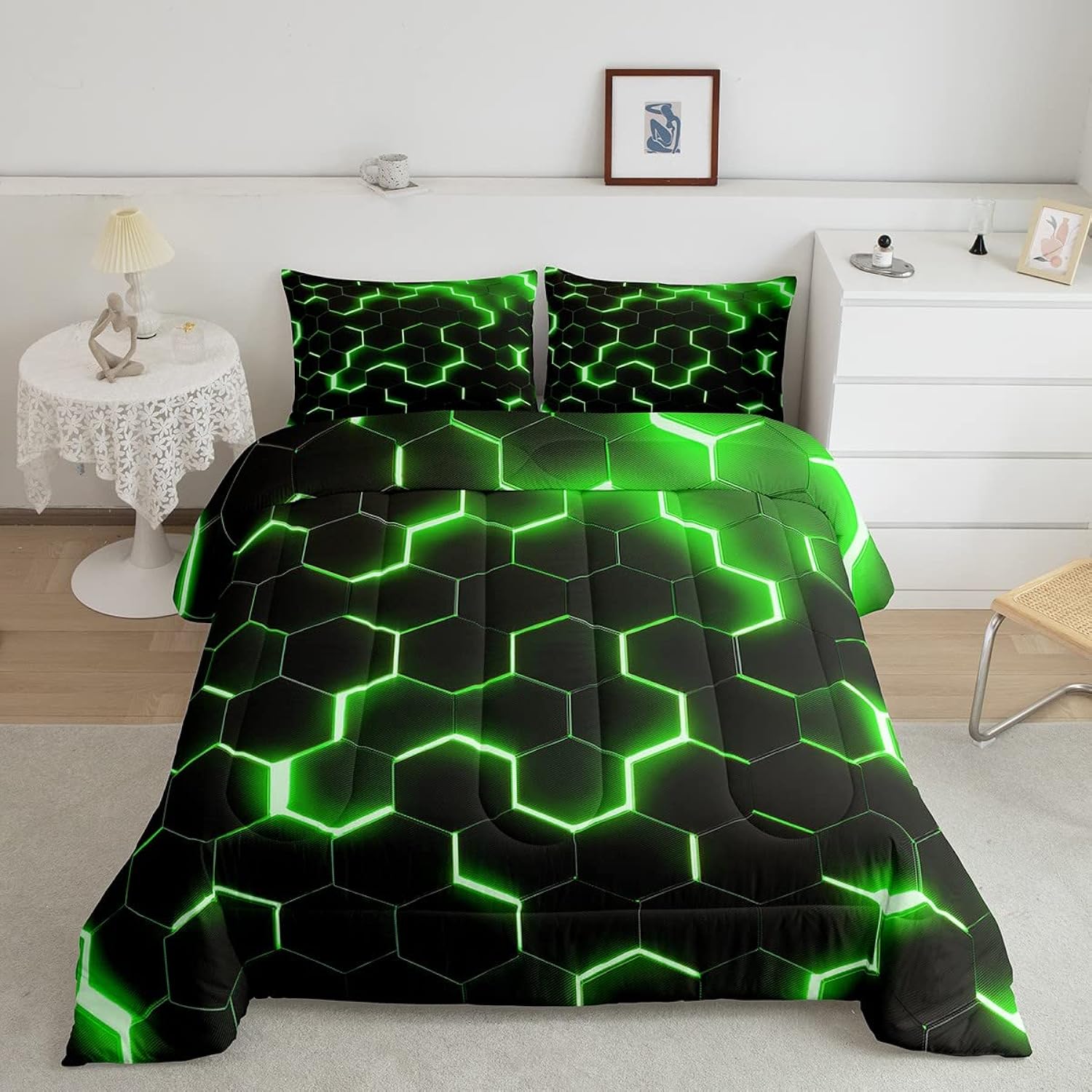 thinkstar Geometric Comforter Set Queen Size,Teen Boys Green Black Neon Light Honeycomb Bedding Sets,Geometry Hexagon Comforter Mode…
