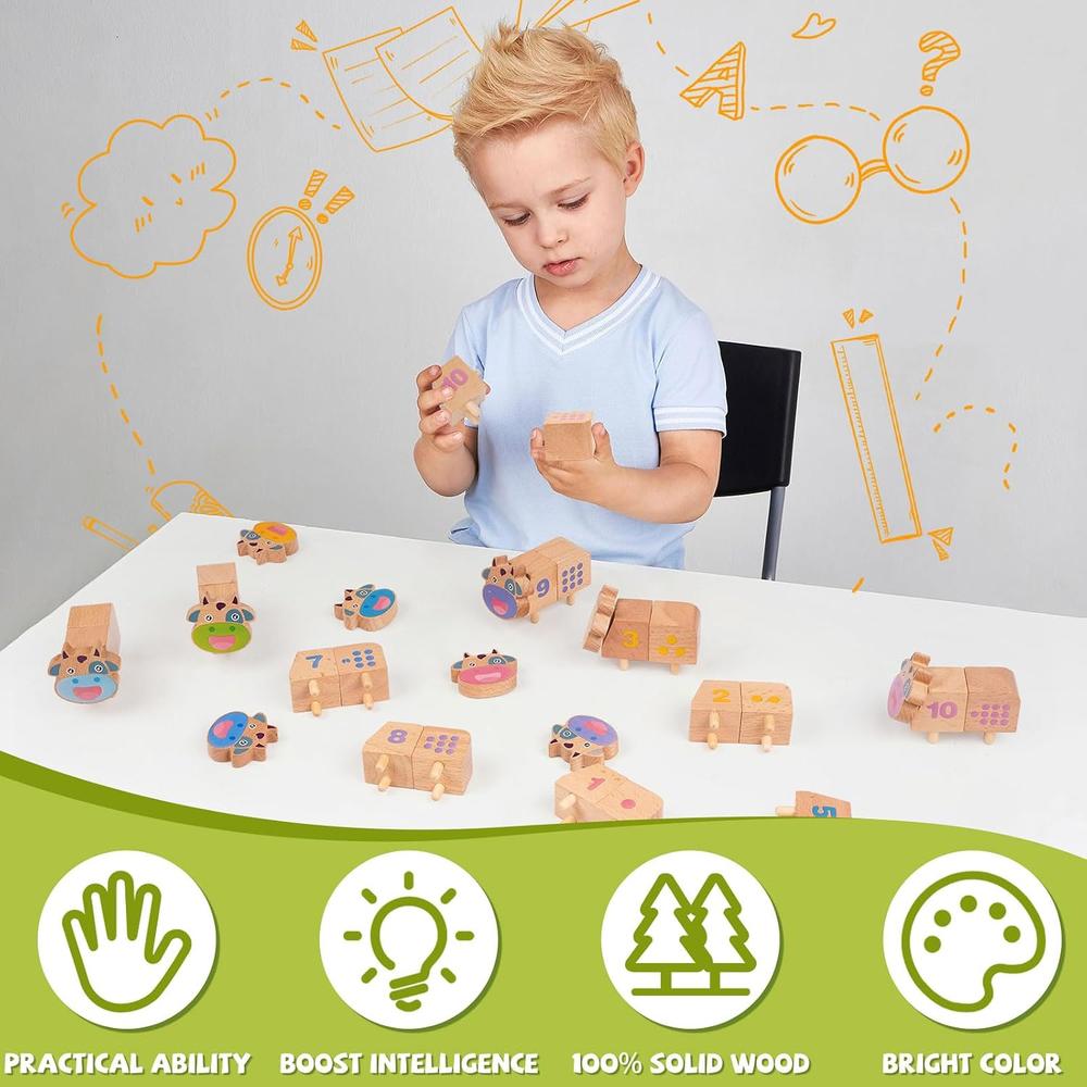 Stacking Cows Math Game thinkstar 20 Pcs Number Matching Learning Toy Wooden Counting Cows Toy ...